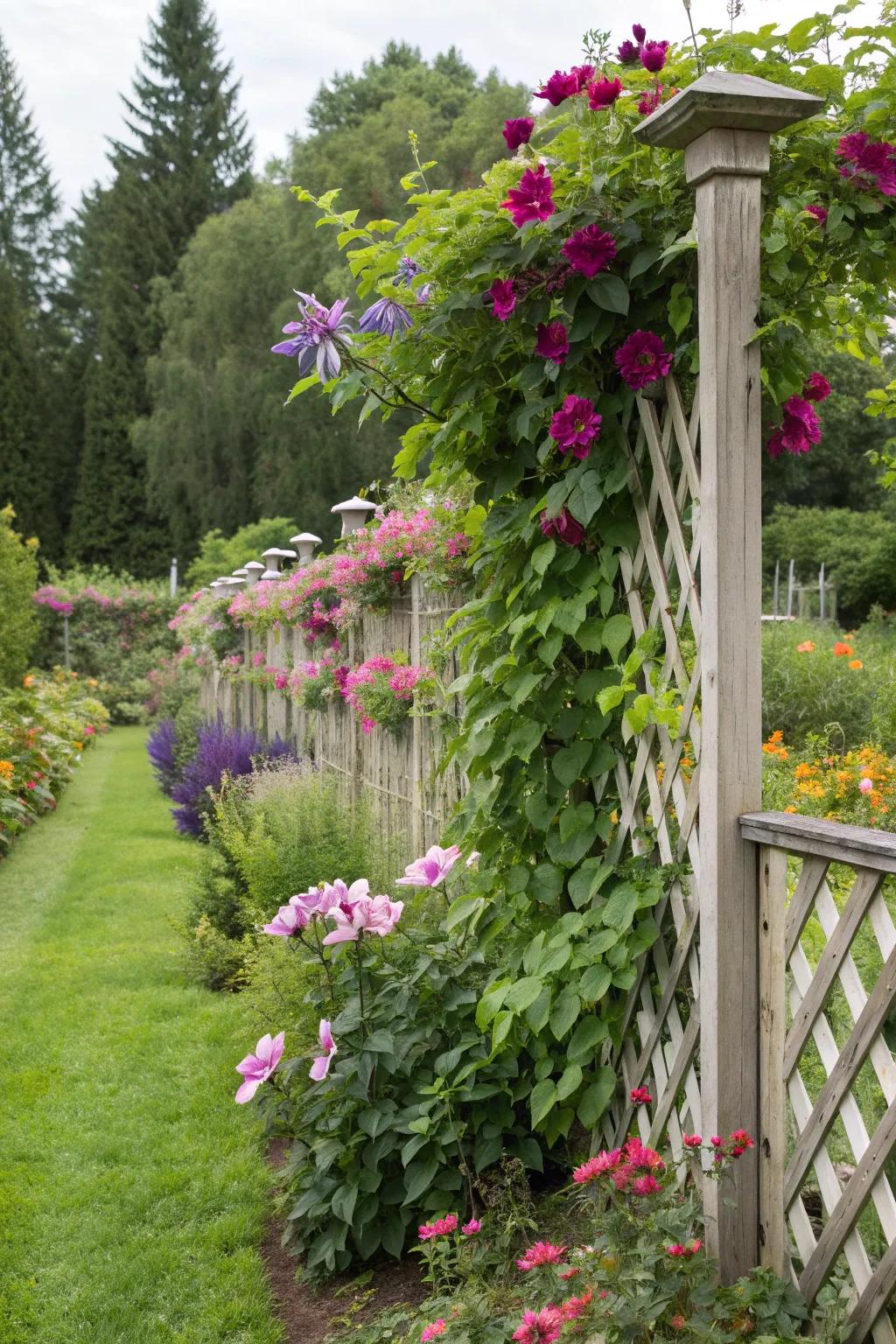 Trellis fences support climbing plants, adding greenery to your space.