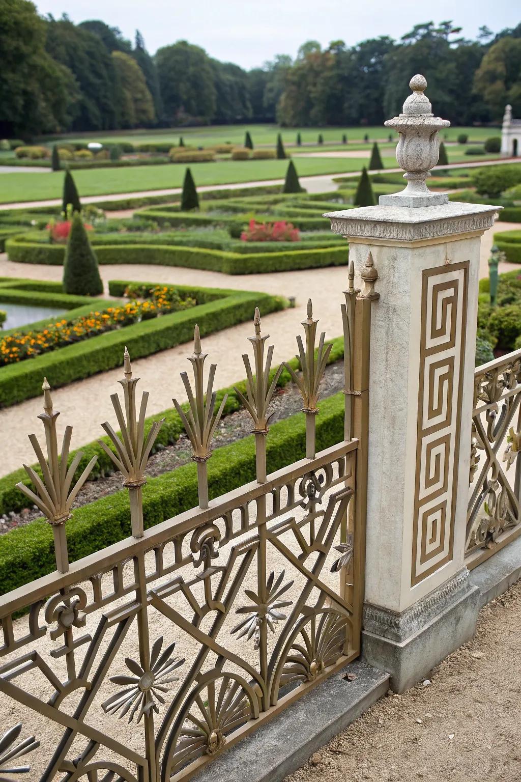 Art Deco-inspired toppers adding elegance to a garden fence.