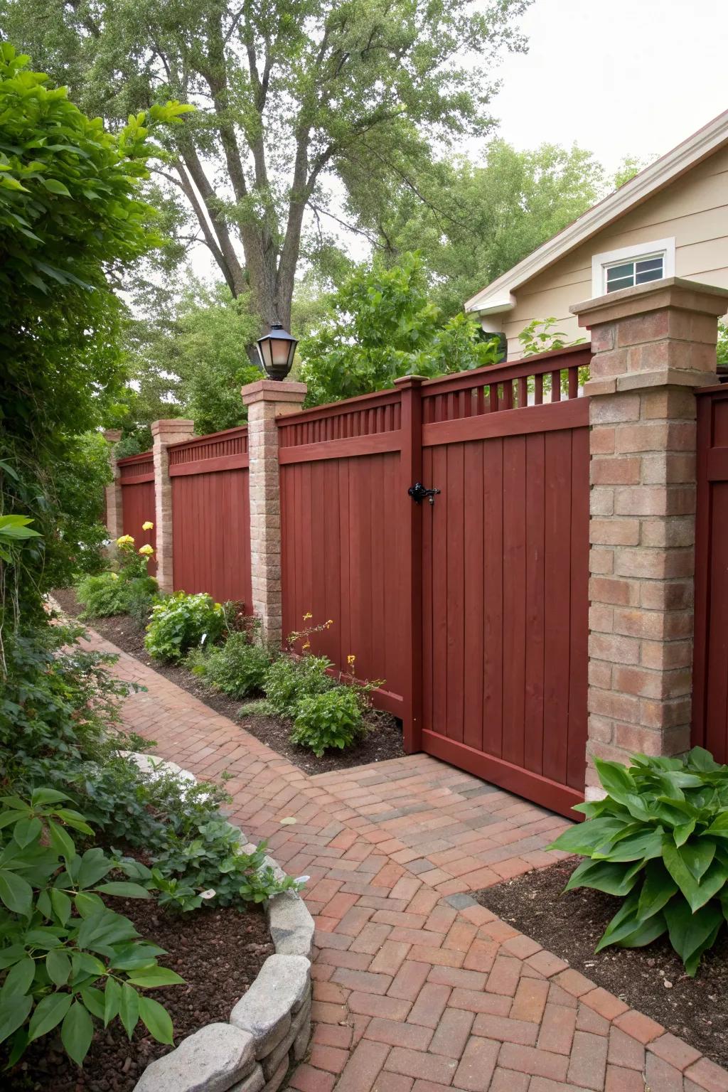 An elegant red mahogany stained fence complements a brick and neutral home exterior.