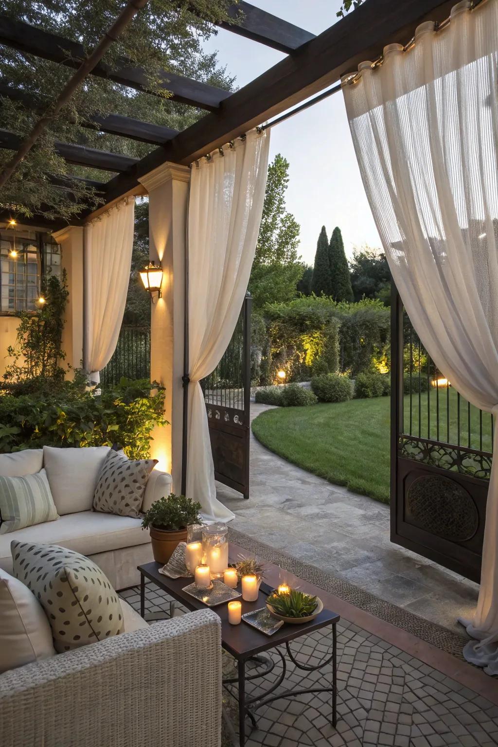 Warm and sophisticated patio with a flexible pergola and curtains.