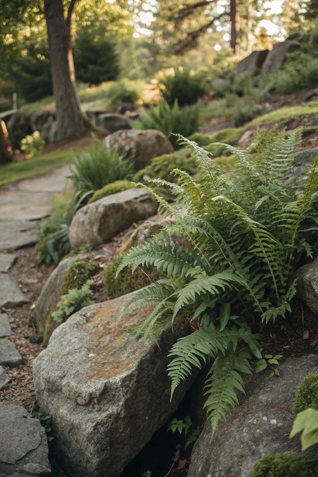 Ferns and rocks create a natural, rugged garden landscape.