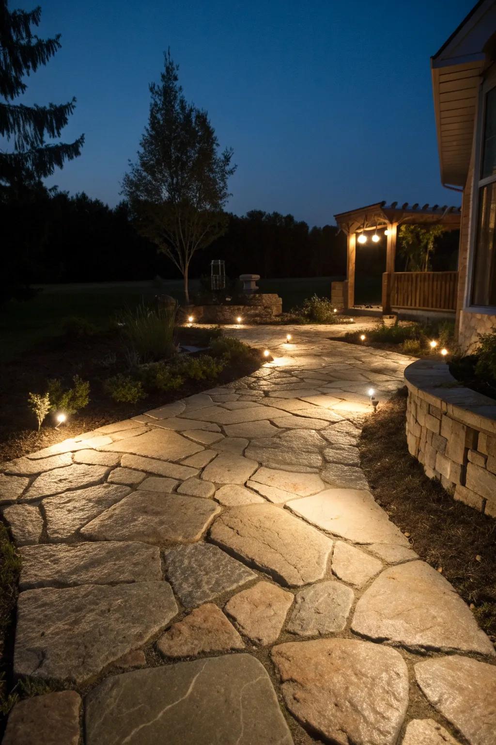 Integrated lighting highlights the patio's beauty.