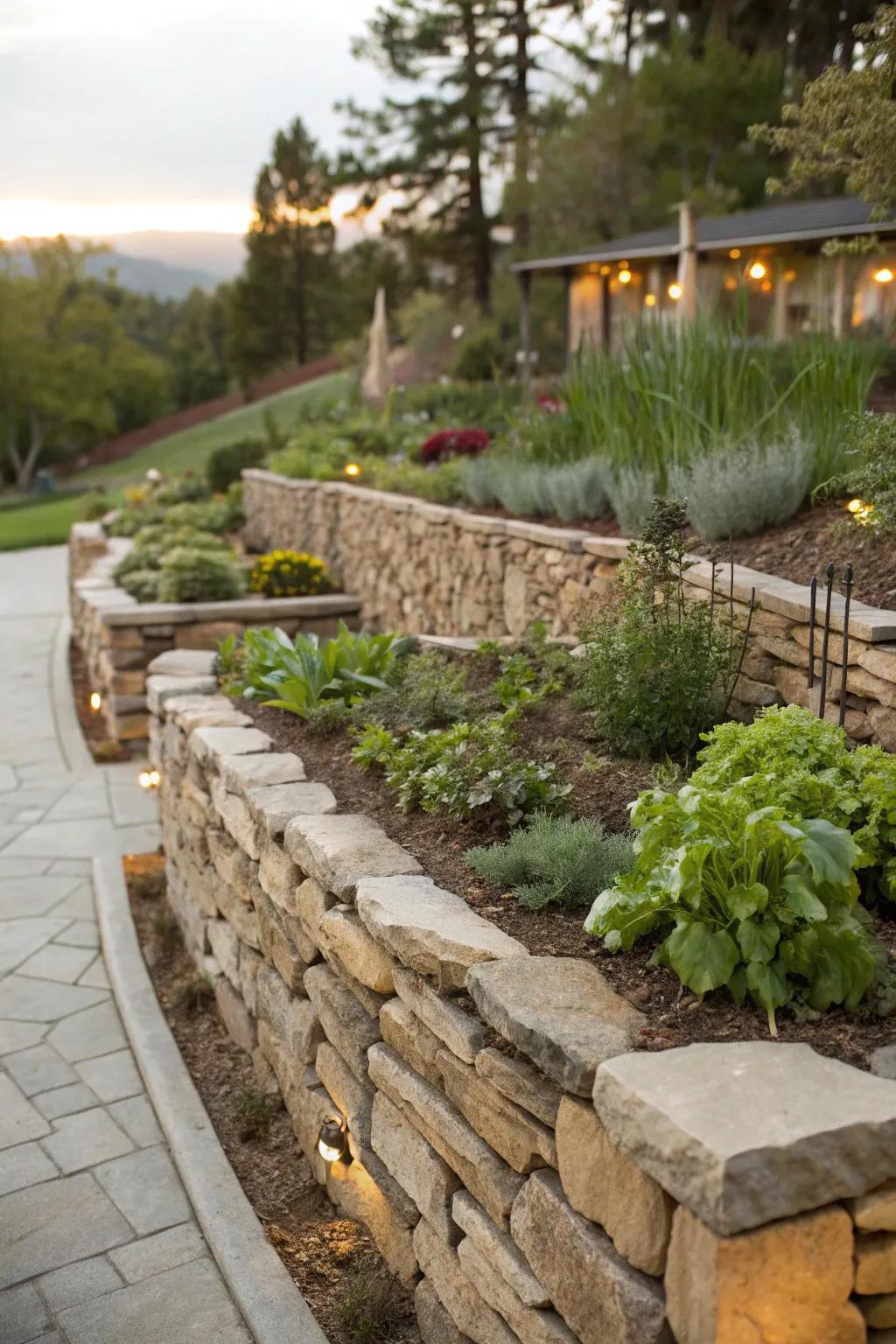 A kitchen garden nestled in stone walls.