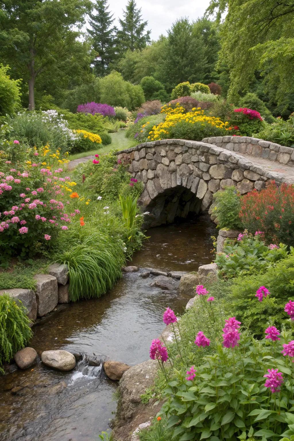 Fieldstone bridges connect garden spaces with charm.