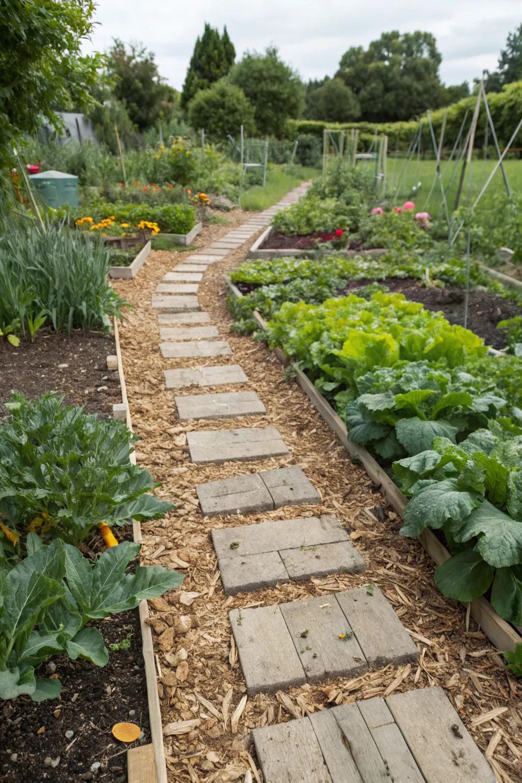 Wood chips add rustic warmth and blend naturally between pavers.