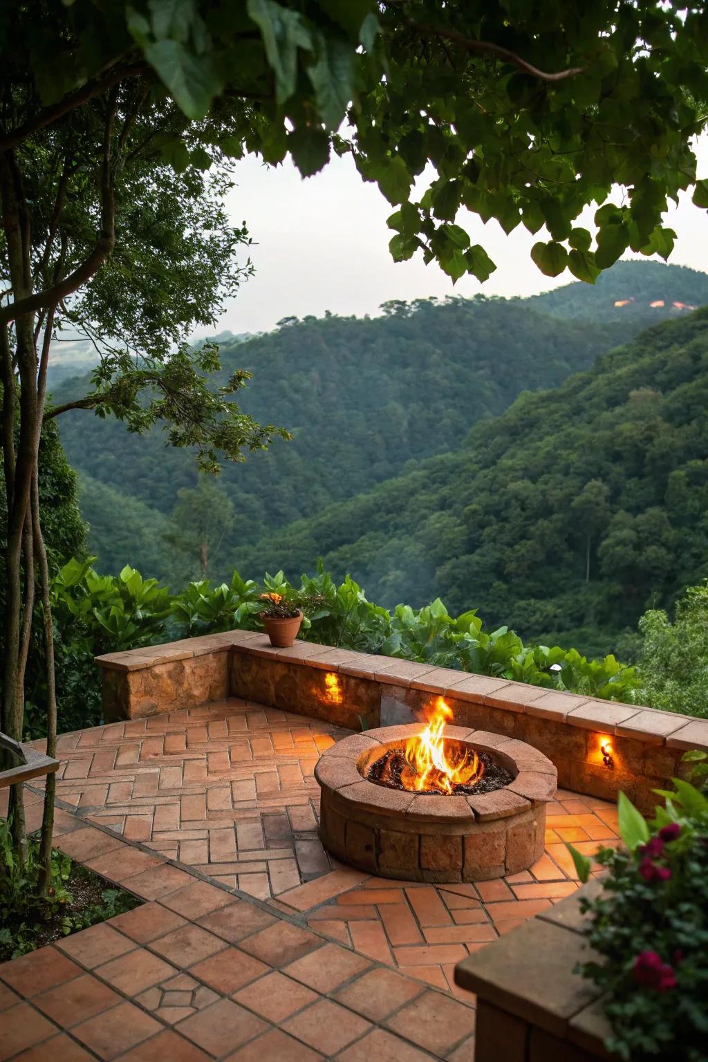 Terracotta tiles provide a warm, inviting surround for your fire pit.