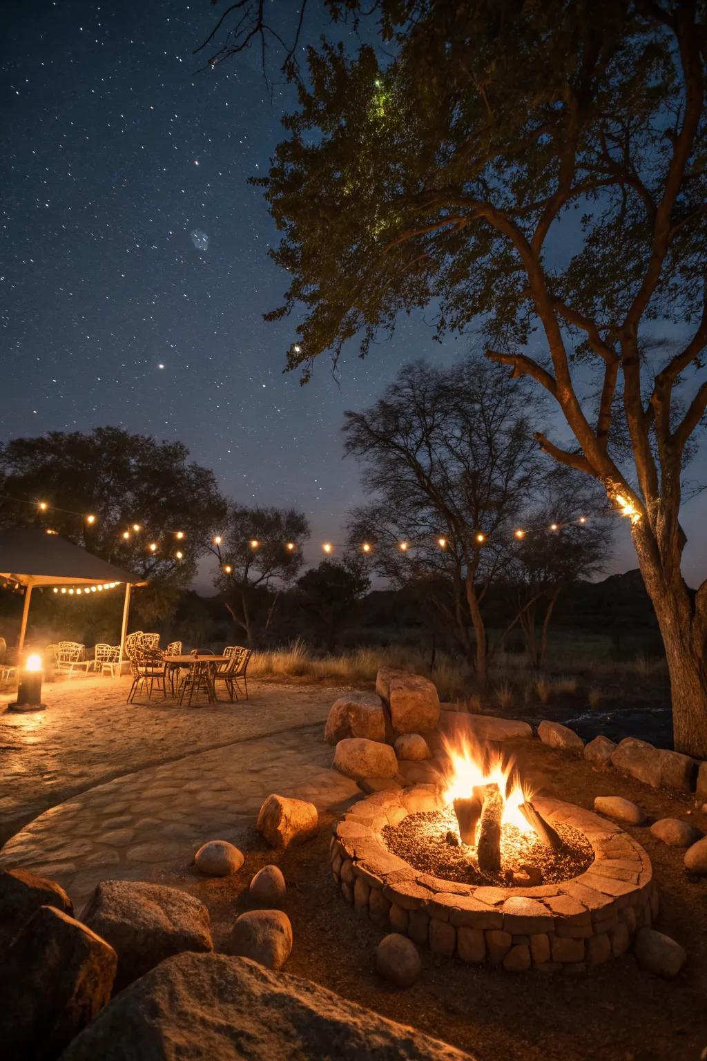 Ambient lighting around a fire pit setting a magical evening mood.