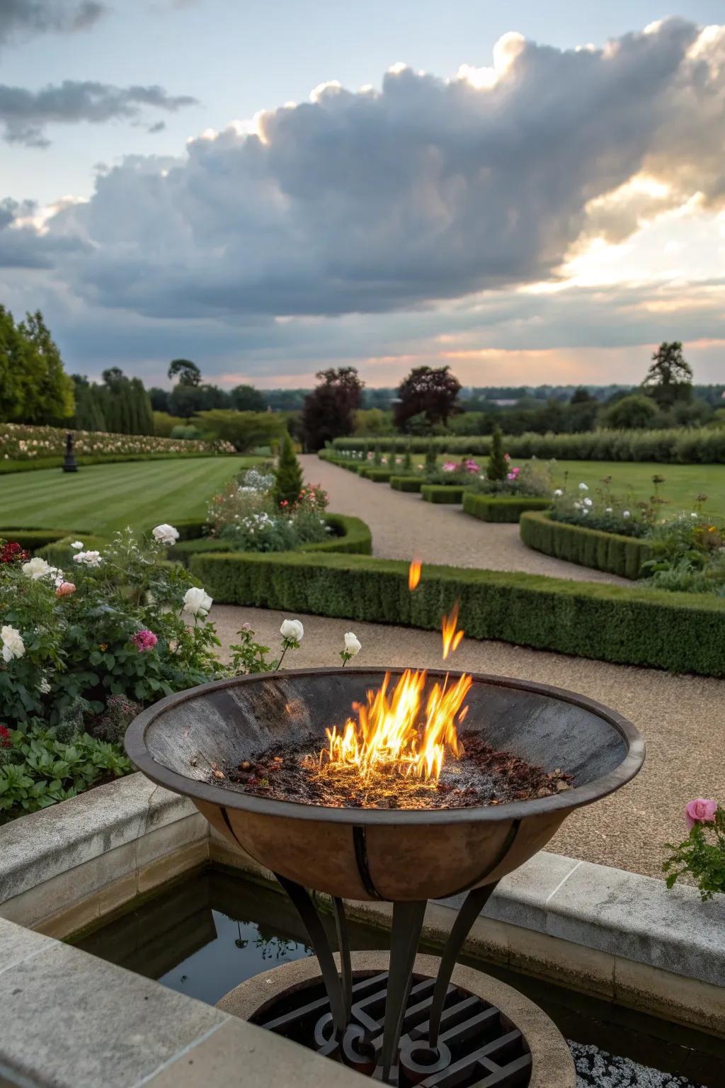 The stunning combination of fire and water creates a captivating garden centerpiece.