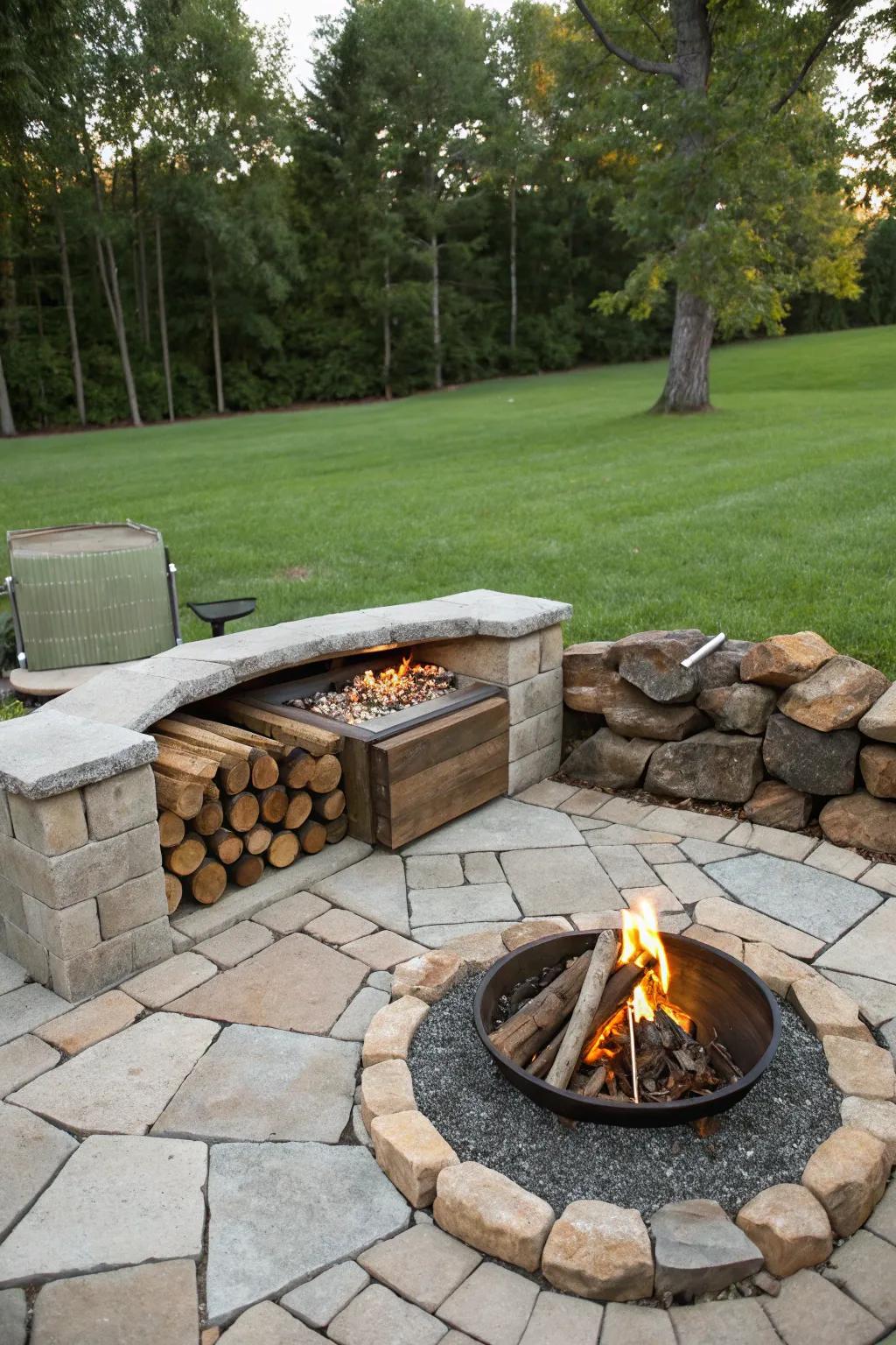 A fire pit area with practical and stylish wood storage.
