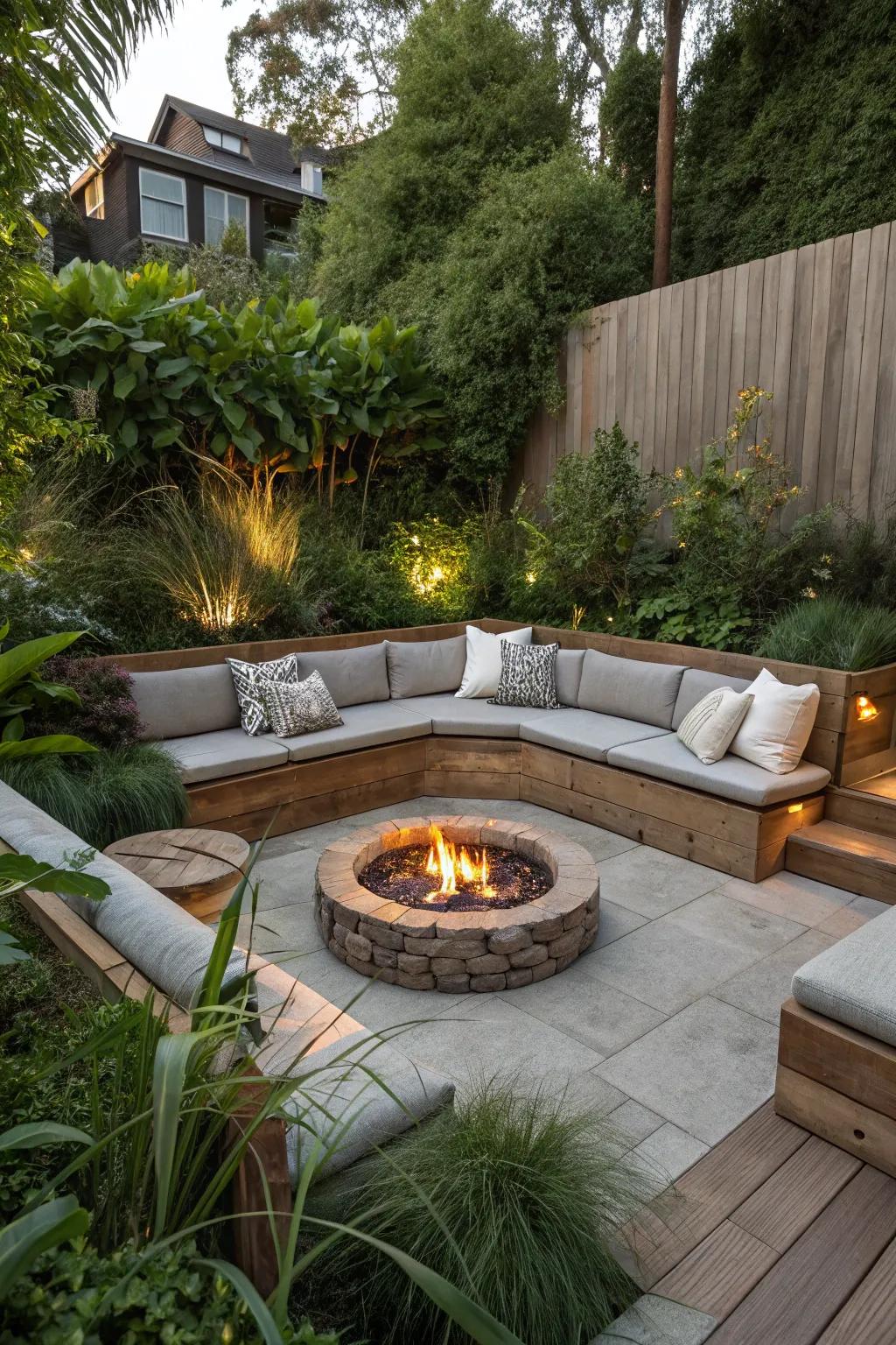 Sunken fire pit creates an intimate and cozy atmosphere.