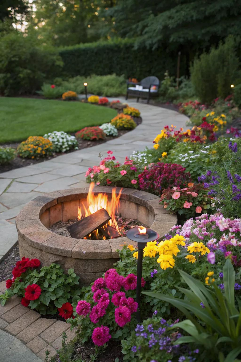A fire pit beautifully integrated into a flower garden, adding color and fragrance.