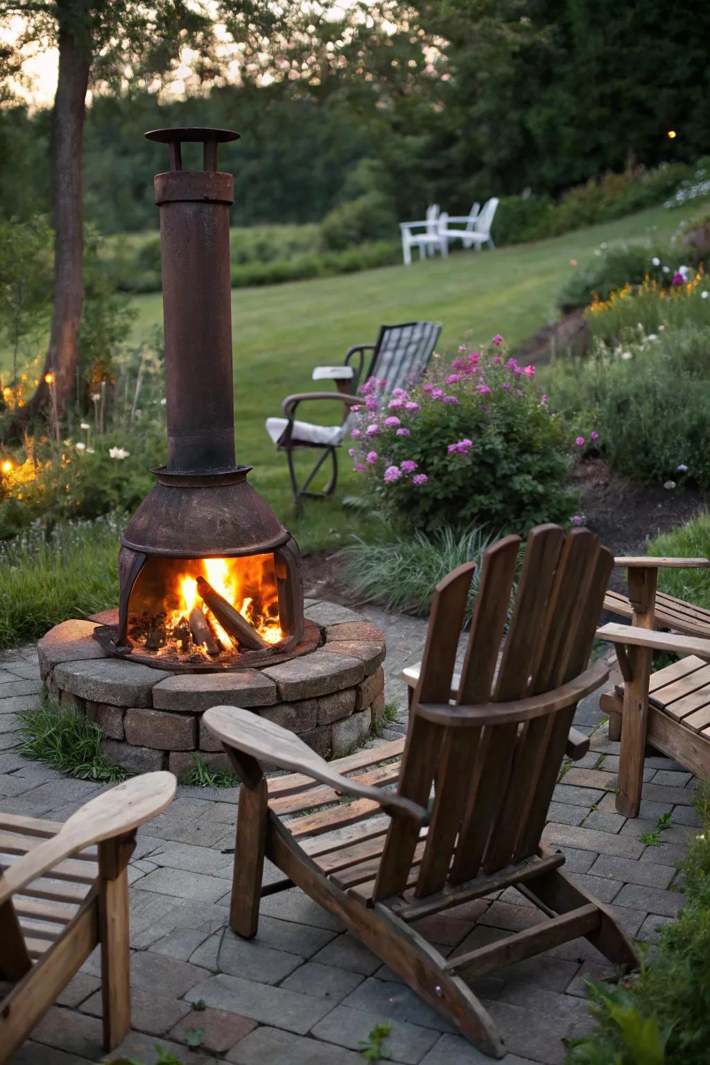 A rustic chimney fire pit adds warmth and charm to outdoor settings.