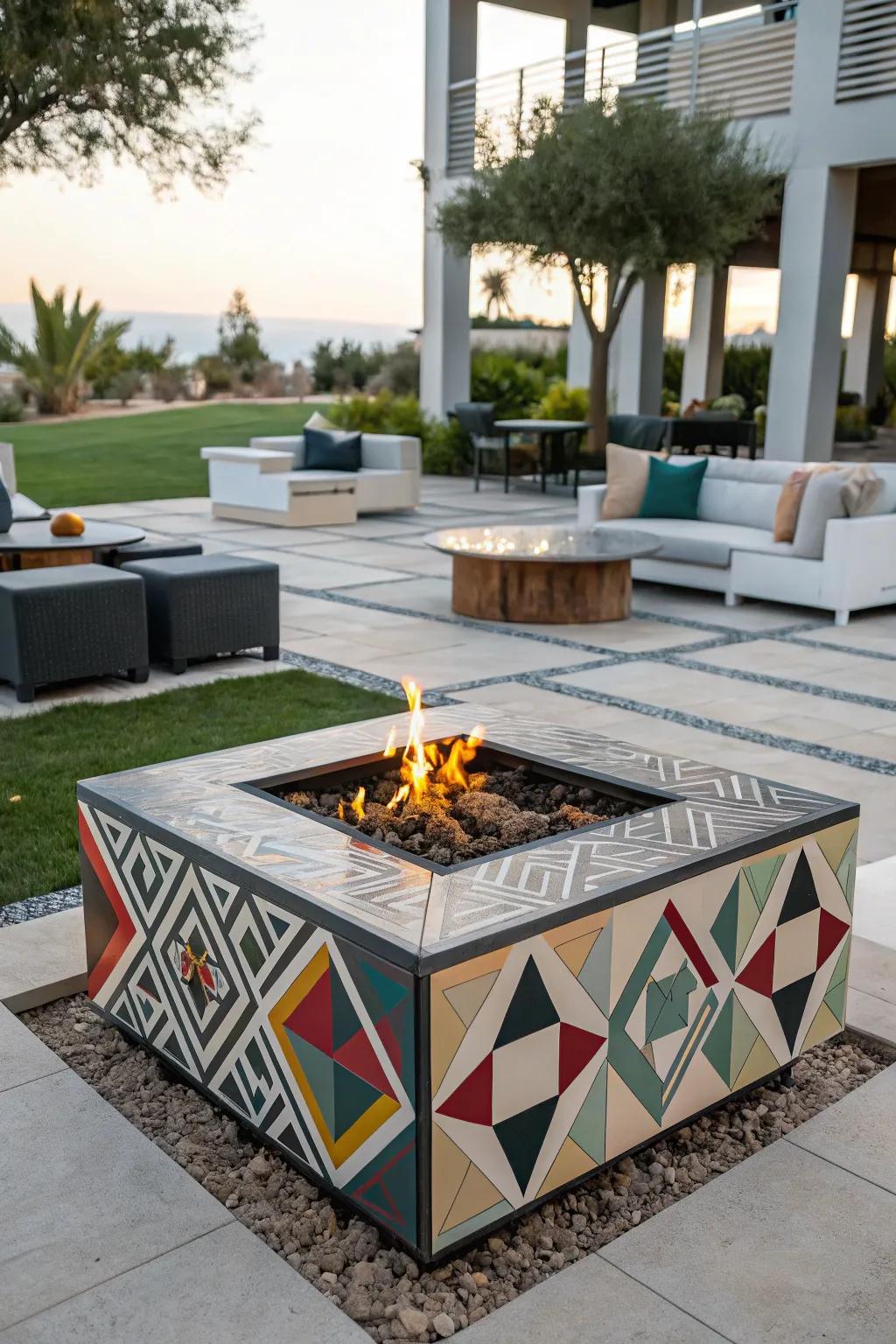 A bold geometric fire table that serves as a striking centerpiece.