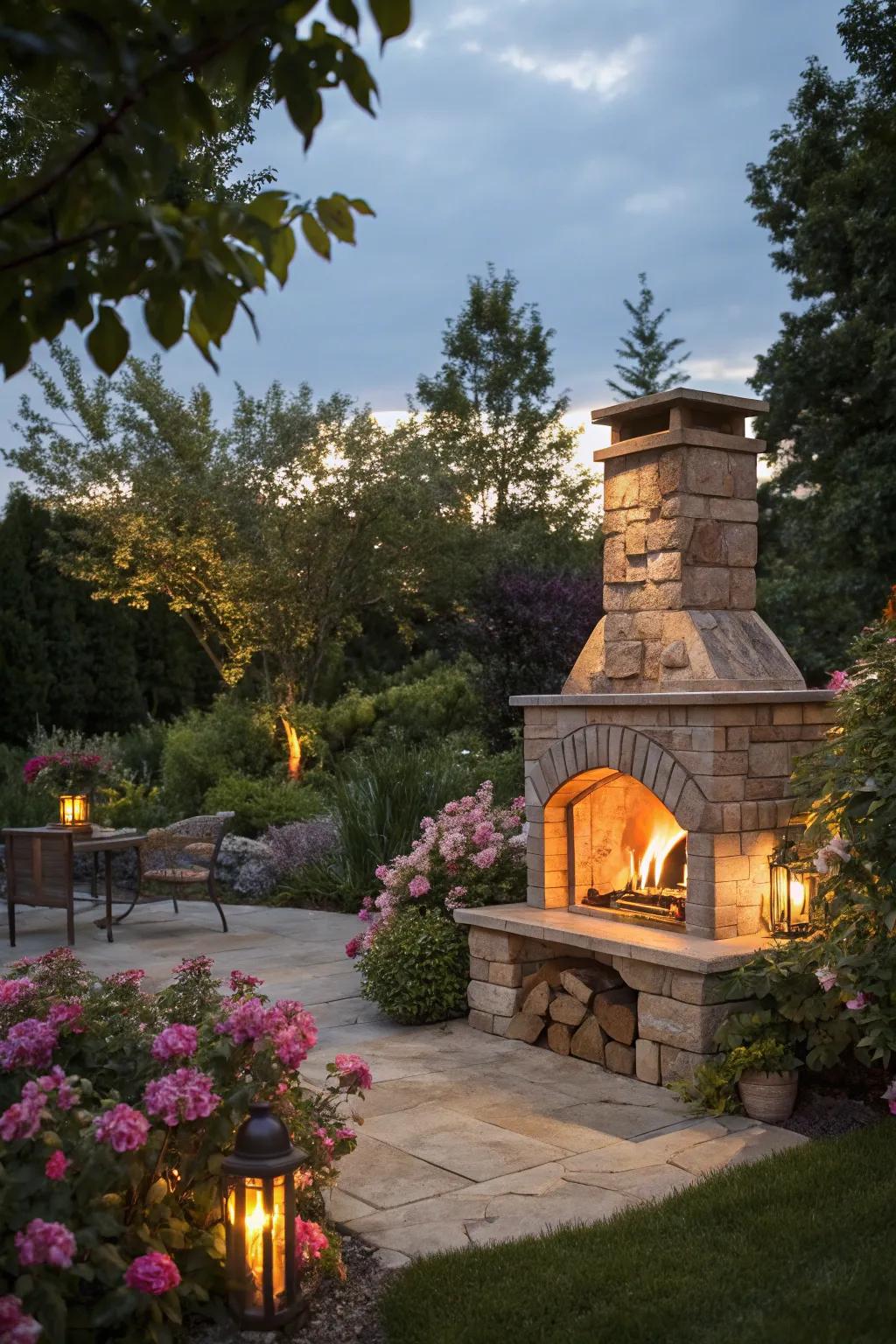 A fireplace surrounded by ambient lighting, creating an enchanting atmosphere.