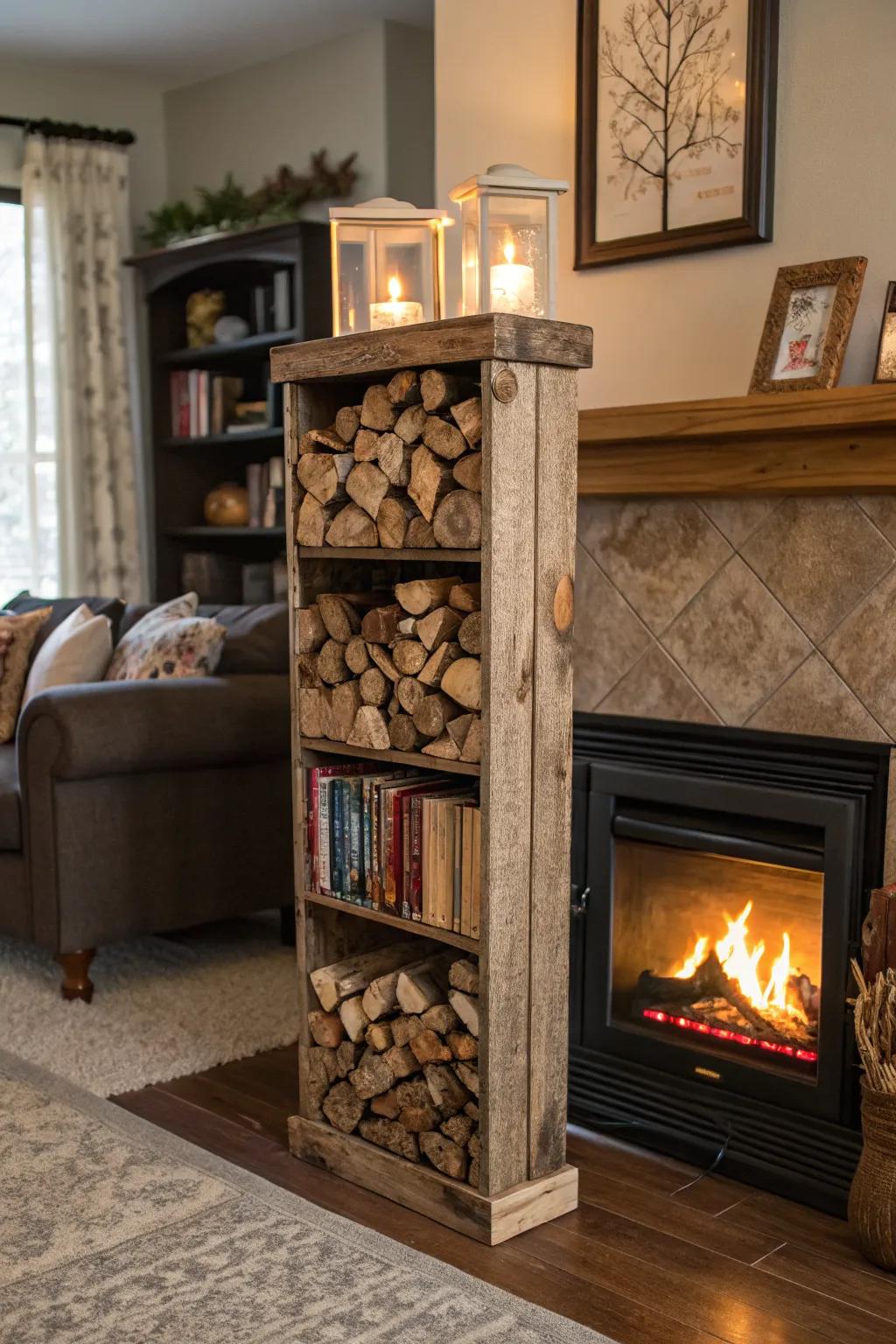 Repurposed bookshelf adds literary charm to firewood storage.