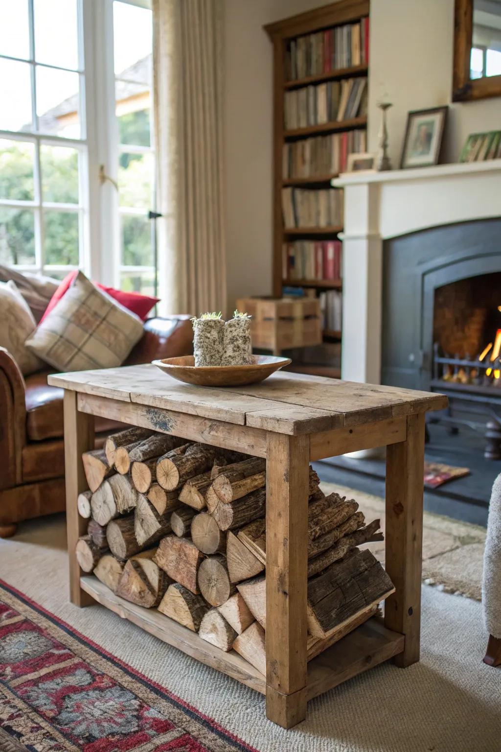 Charming firewood storage table repurposed from an antique piece.