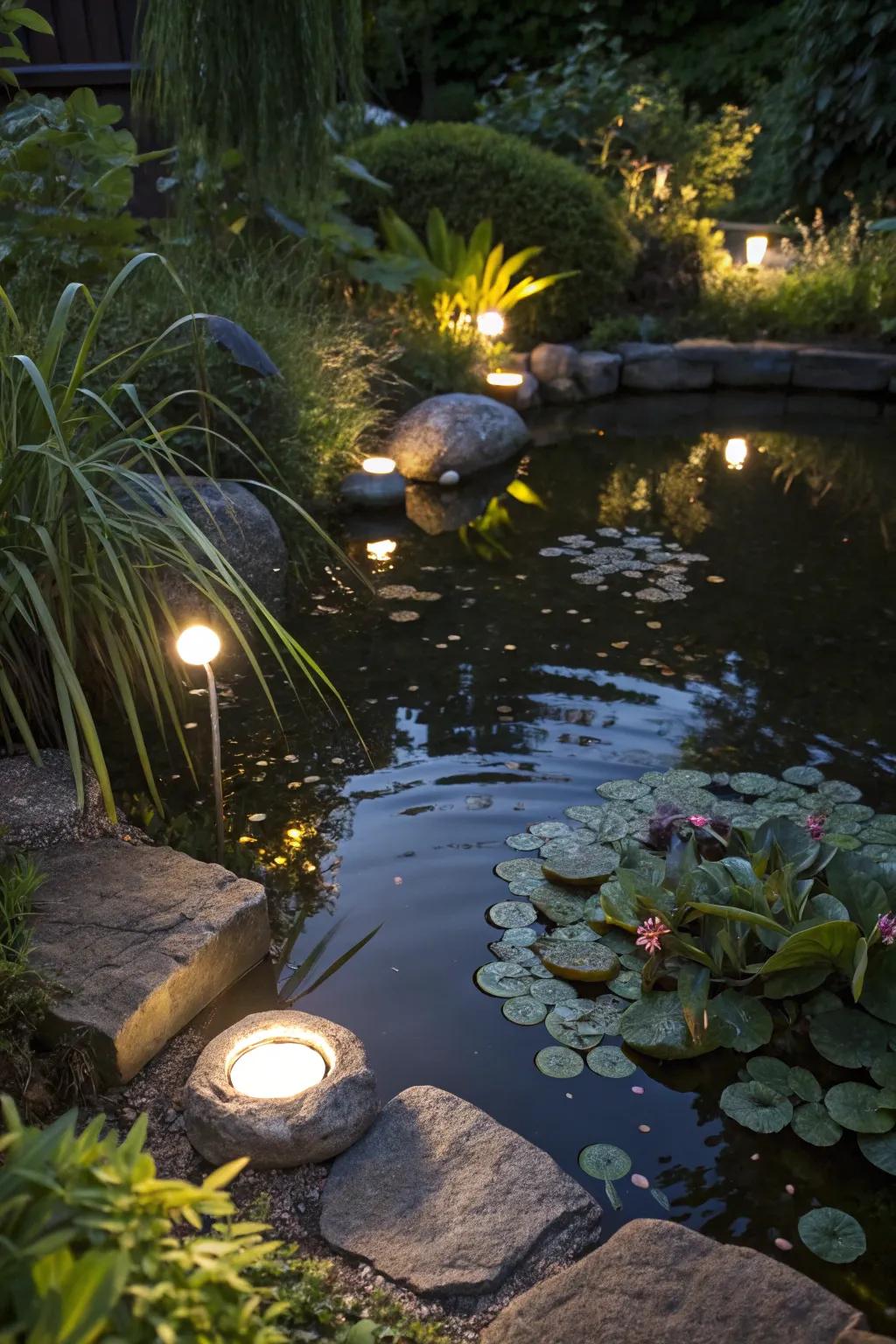 Underwater lights create a magical night-time effect