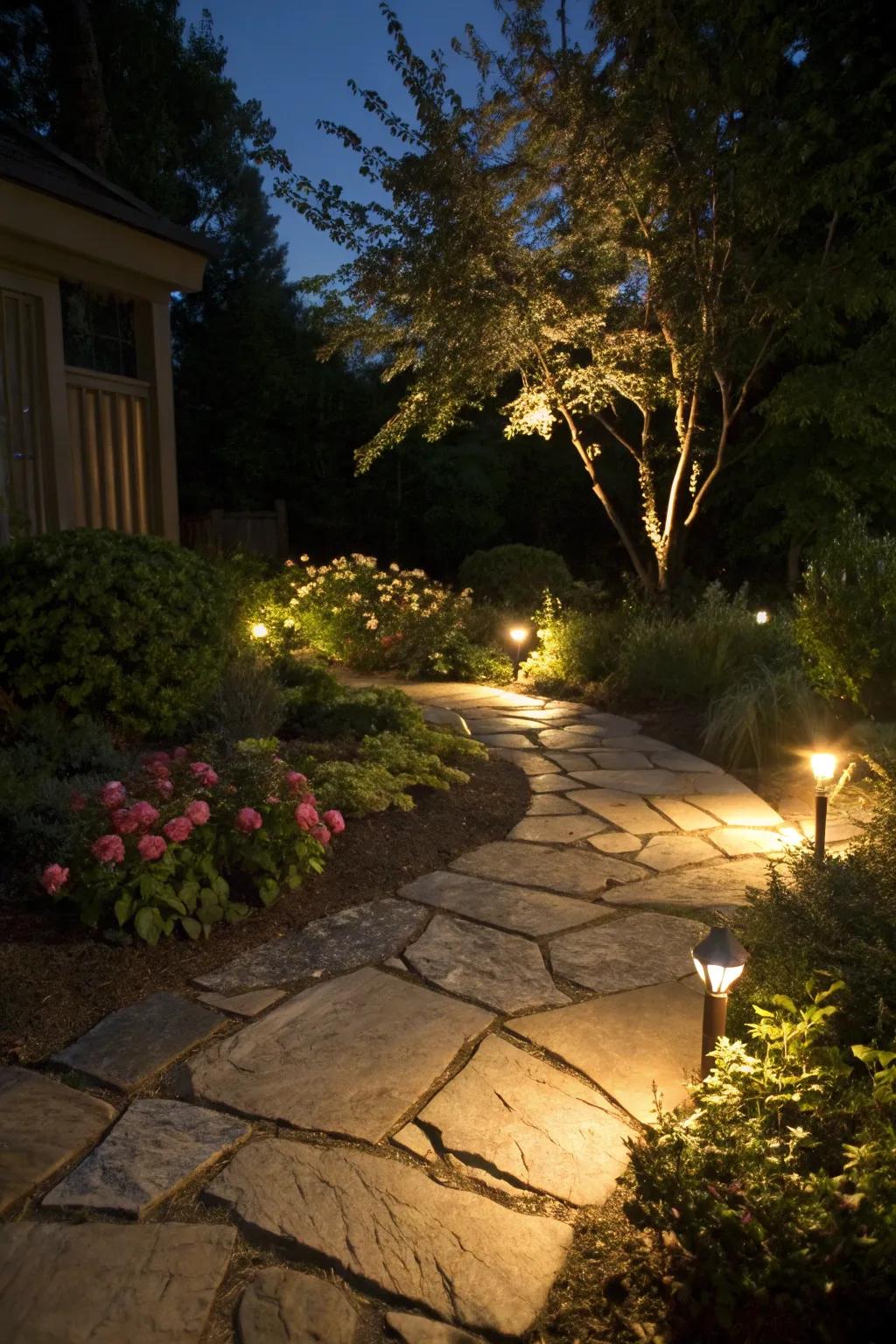 Garden lighting enhances the beauty of flagstones at night.