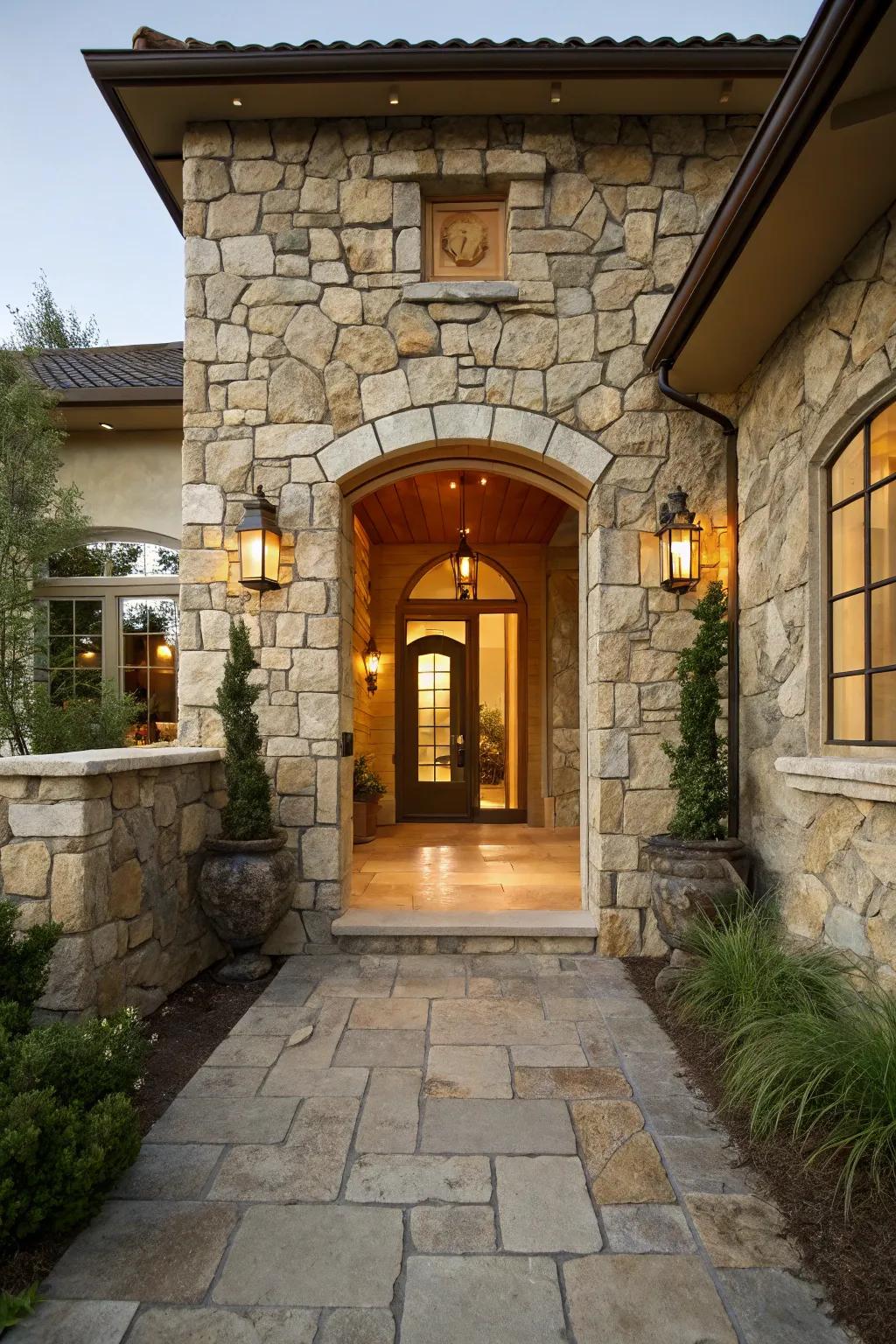 An elegant flagstone wall making a timeless entryway statement