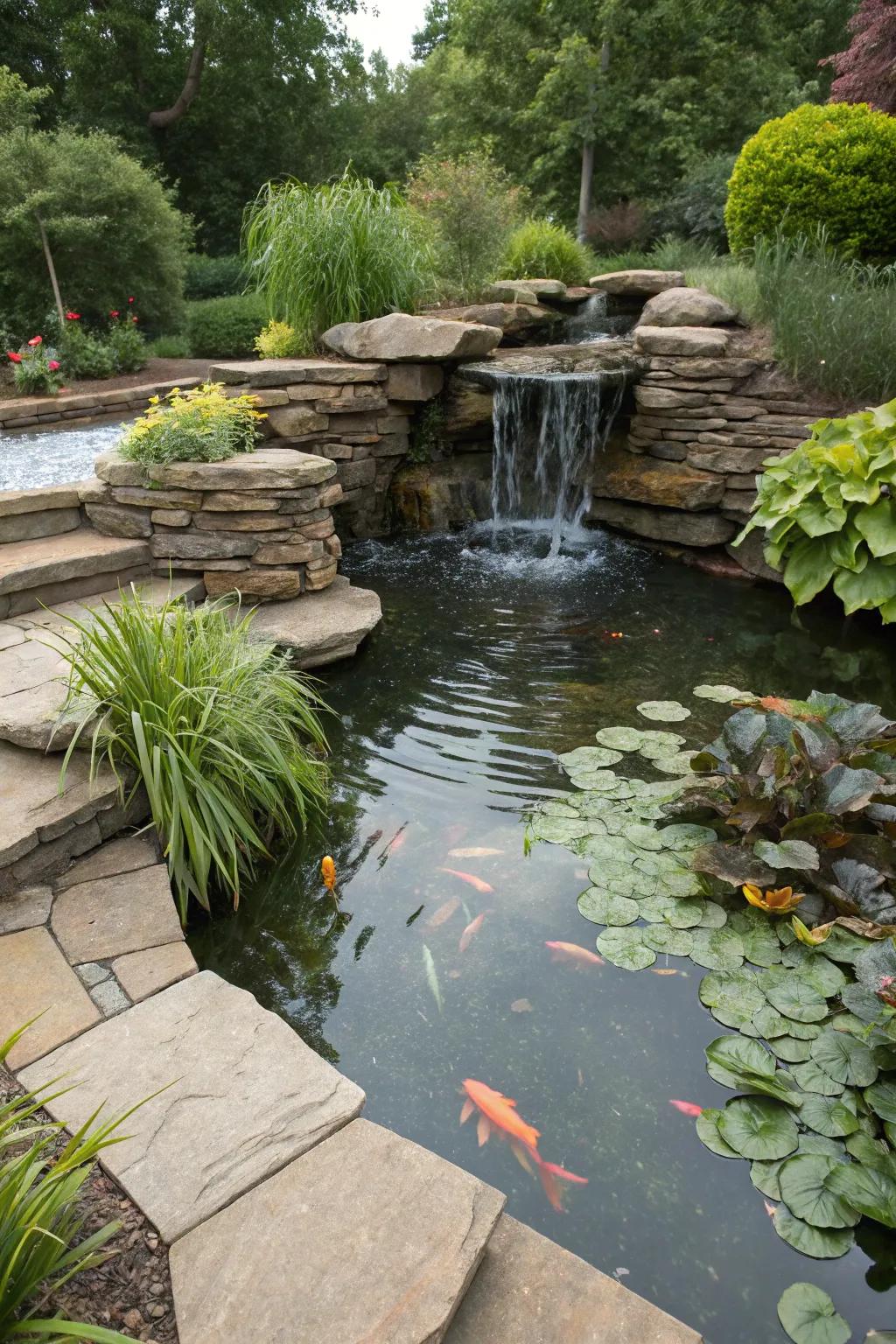 A lively flagstone waterfall pond with aquatic plants.