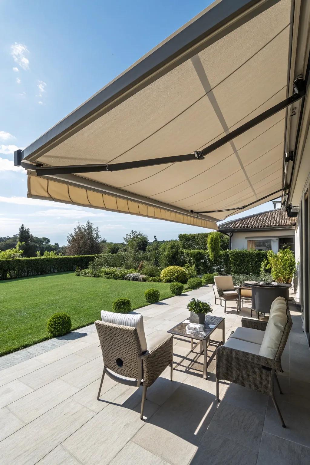 Retractable awnings offer flexible shade management.