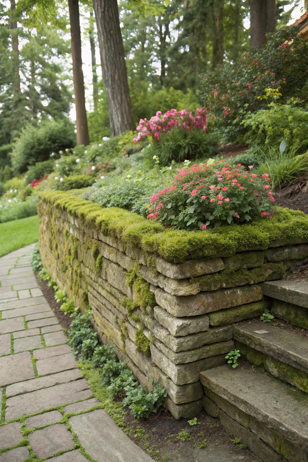 A sturdy flat rock retaining wall in a garden.
