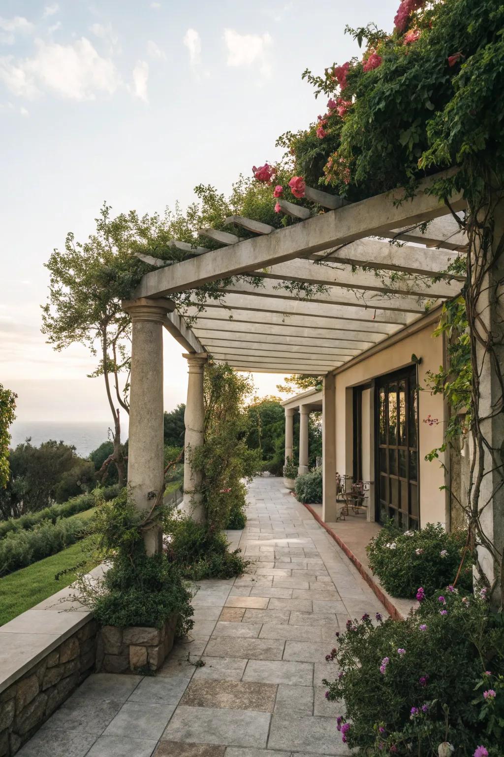 An integrated pergola offers an airy, open feel to this flat roof portico.