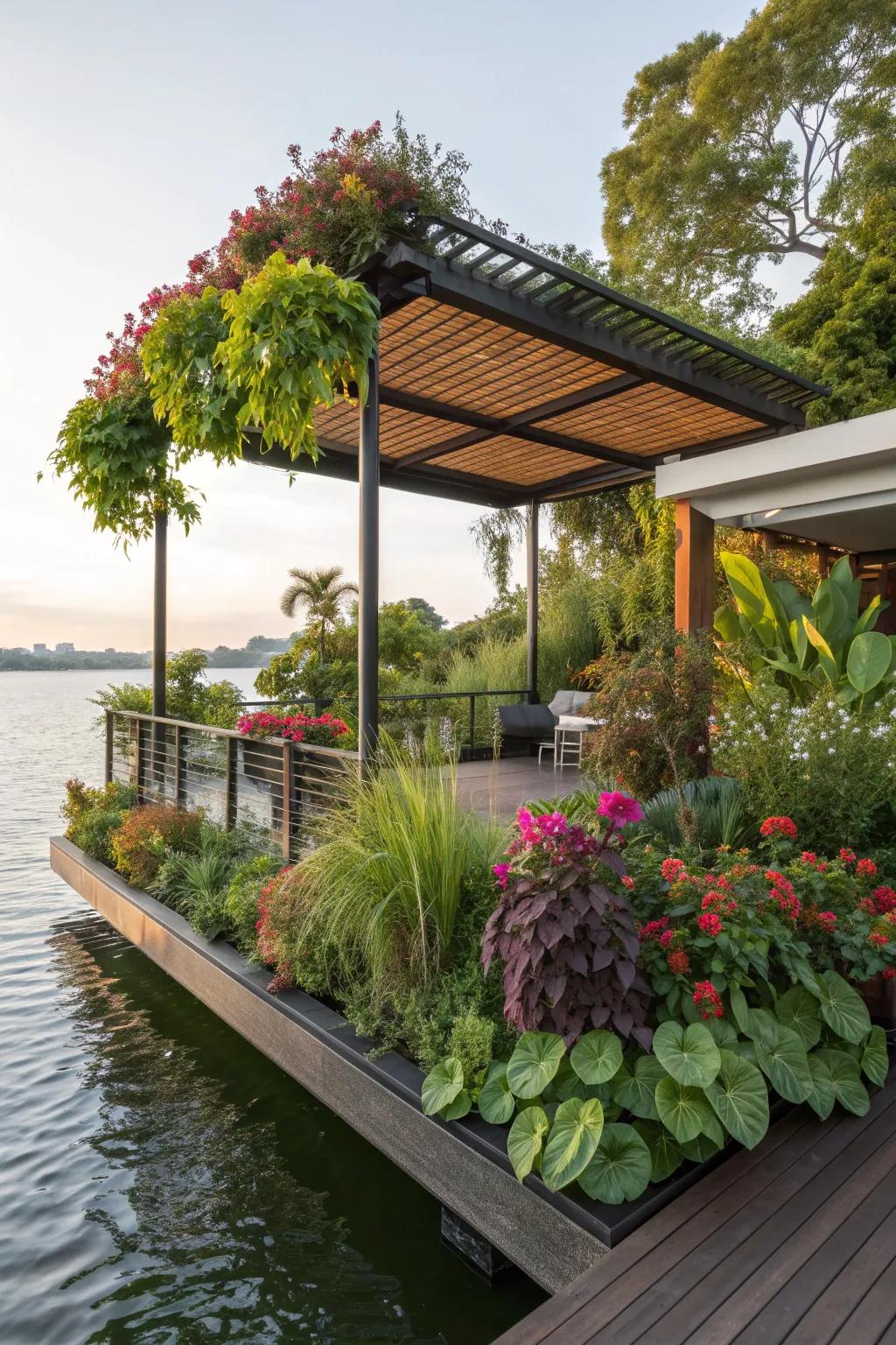 A floating garden brings lush greenery to this serene patio setting.