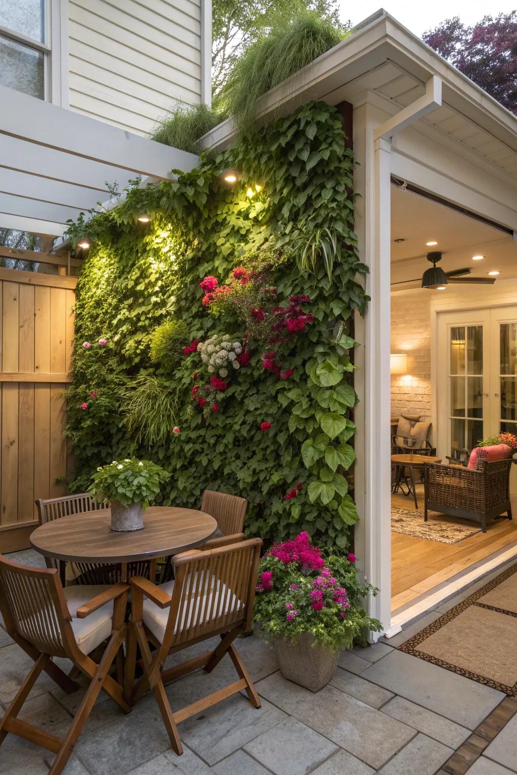 A vibrant vertical garden adding lush greenery to the patio.