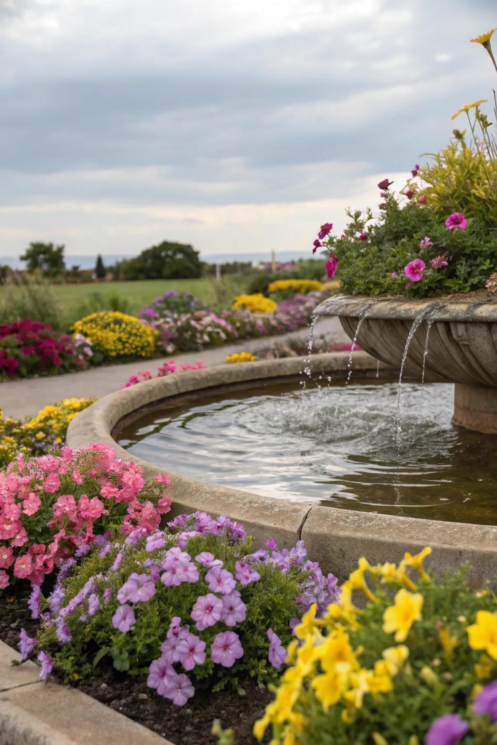 Water features add tranquility to flower beds.