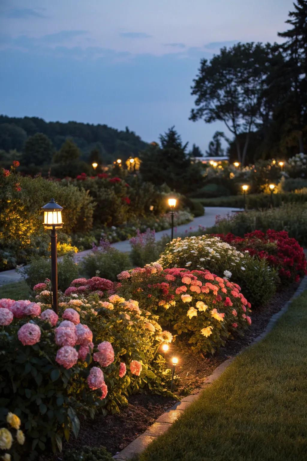 Garden lights add a magical glow to this flower bed at night.