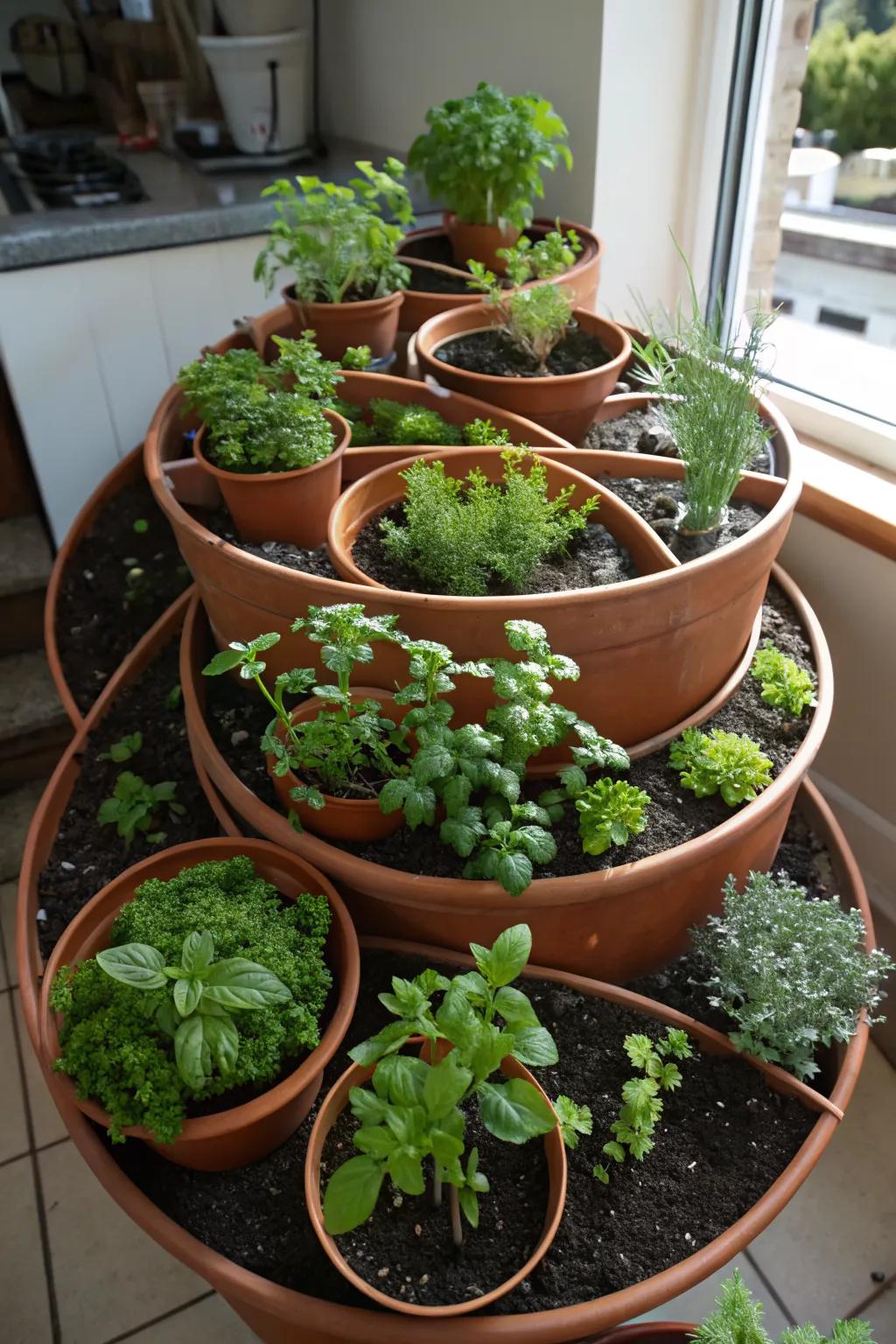 Cook with ease using a herb spiral in pots.