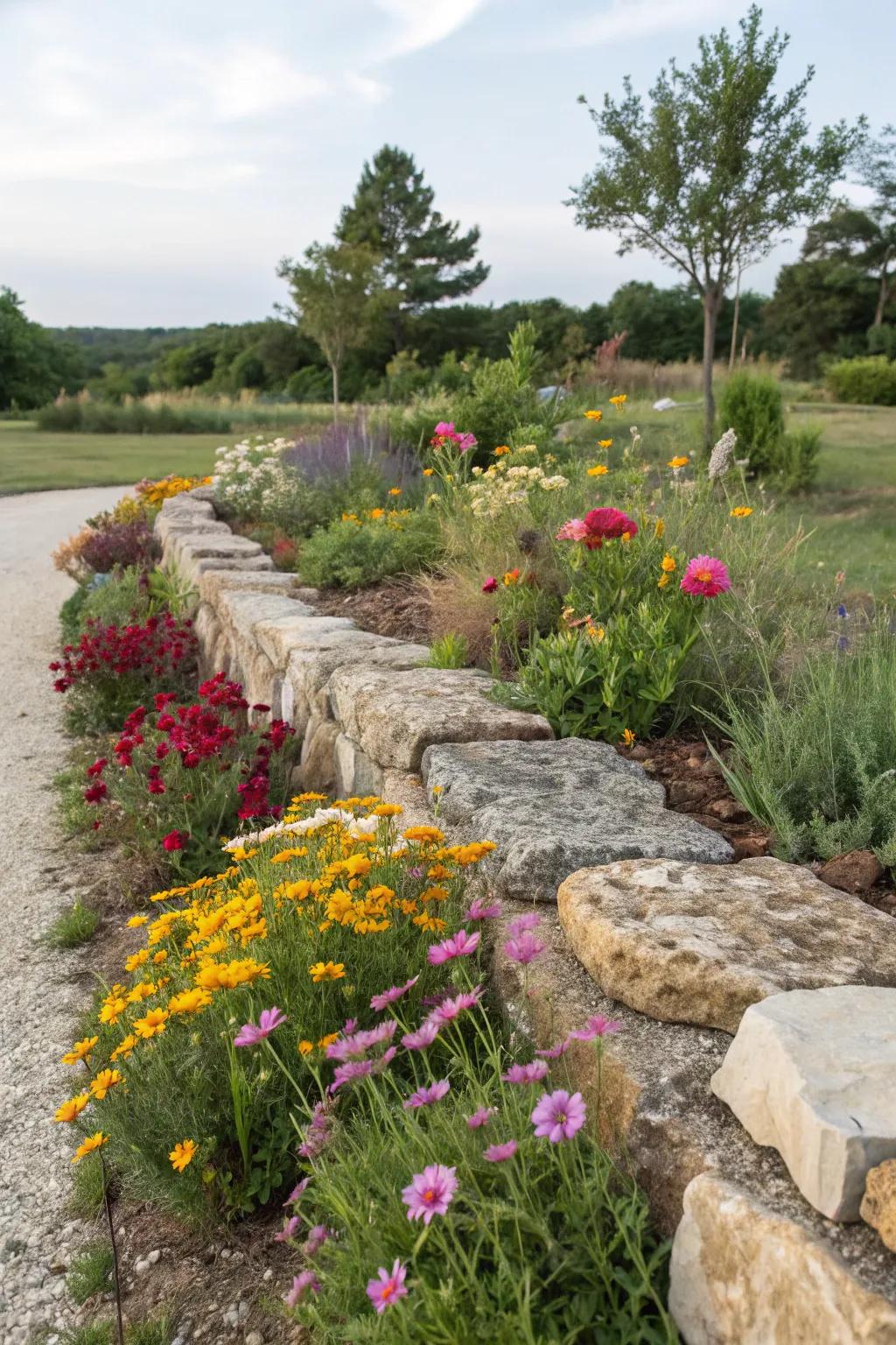Rustic stone edging adds countryside charm to flower beds.