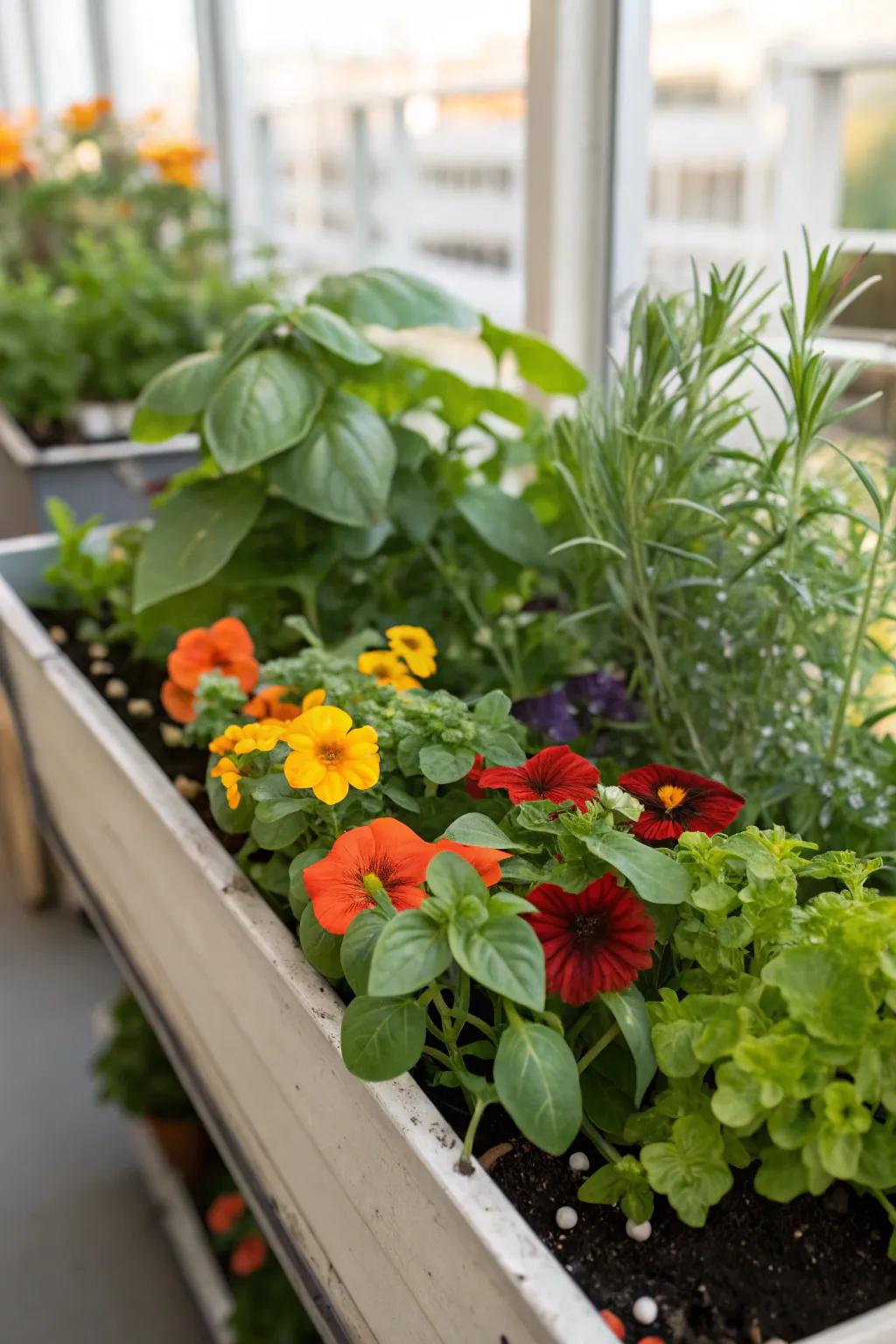 Edible plants in flower boxes offer beauty and practicality.