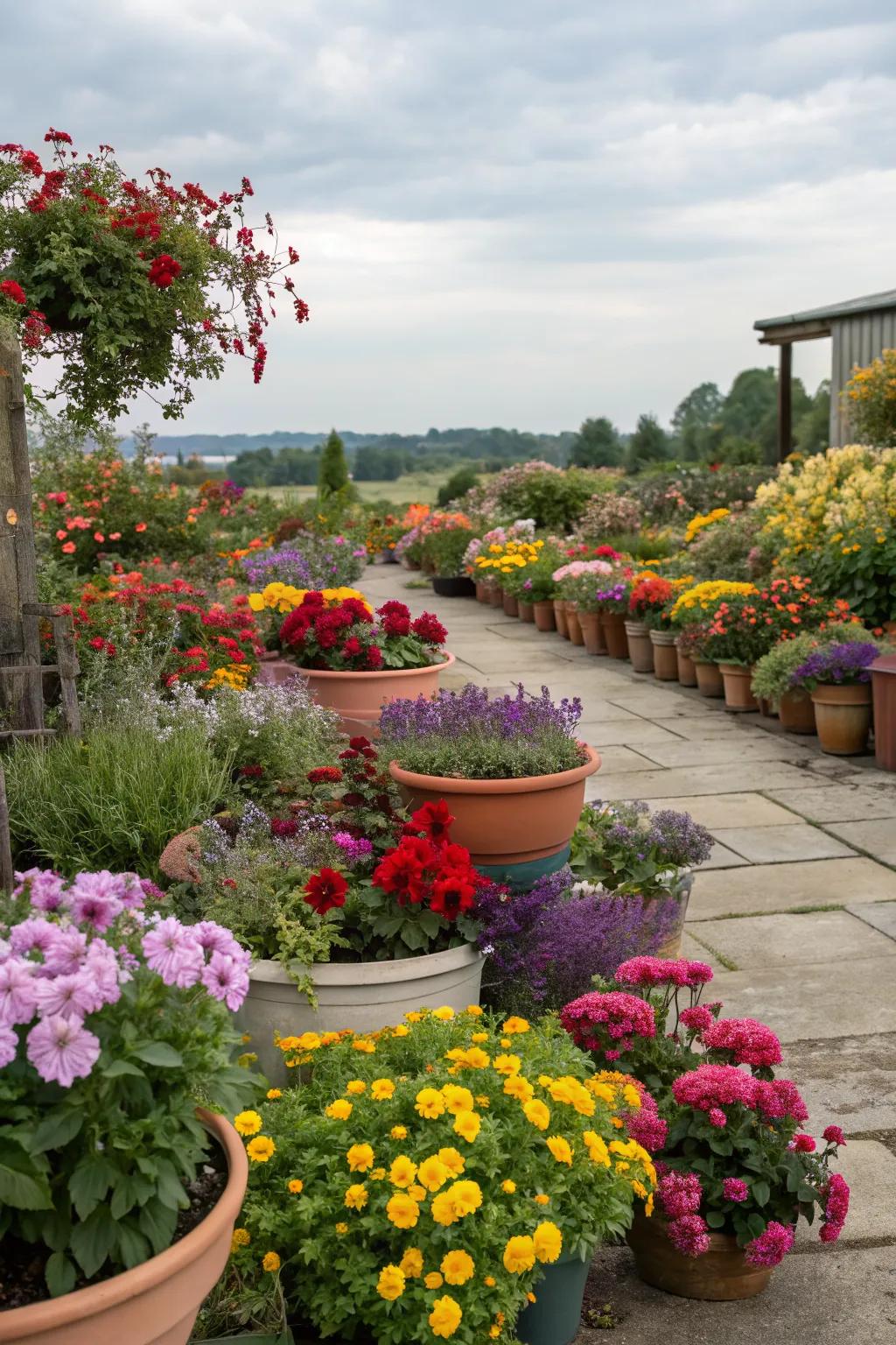 A garden with vibrant containers enhancing the plantings