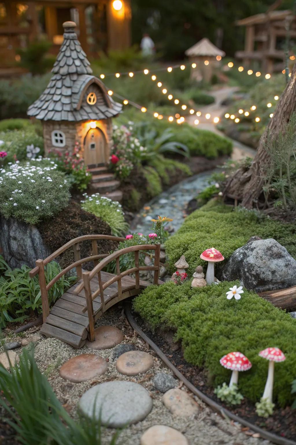 An enchanting miniature fairy garden nestled in a flower bed.