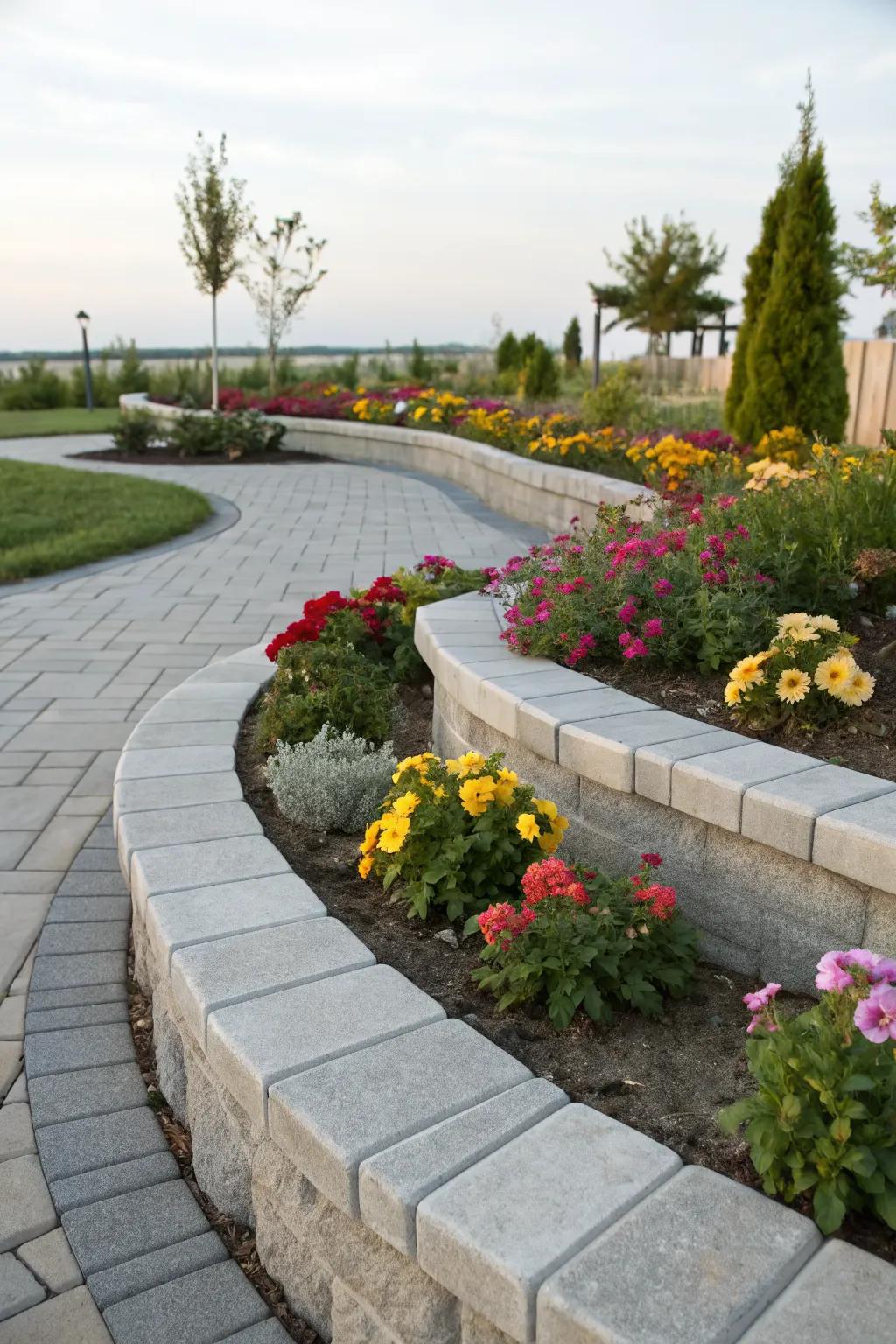 Concrete pavers offer a modern and sturdy garden edge.