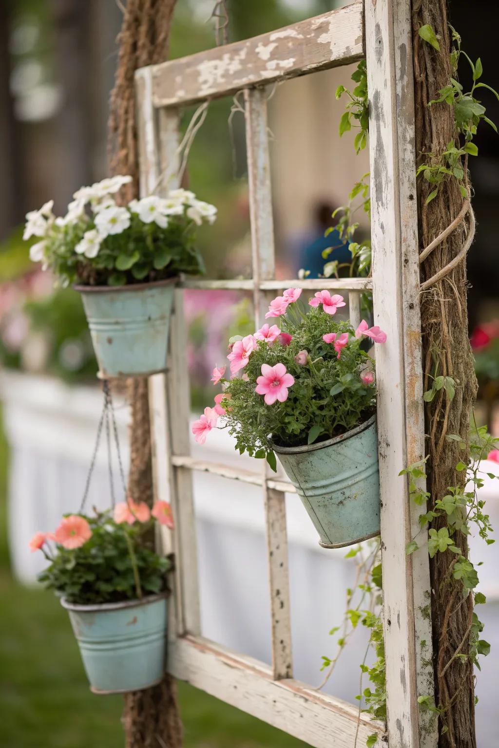 A vintage window frame as a creative flower stand backdrop.