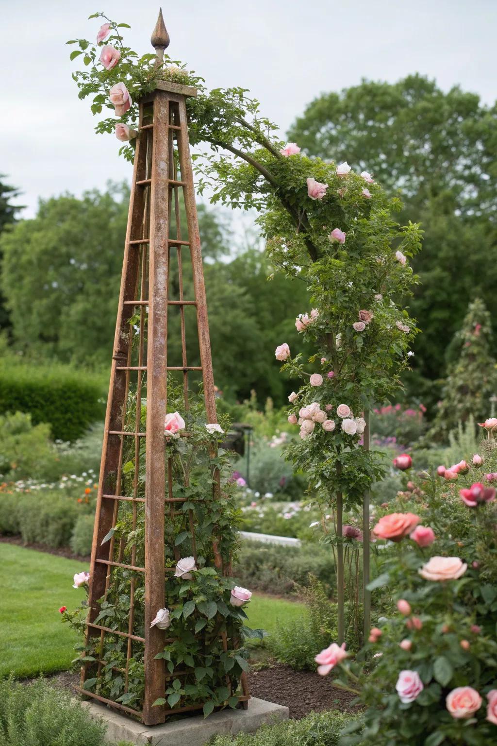 Copper obelisk trellises add a metallic elegance.