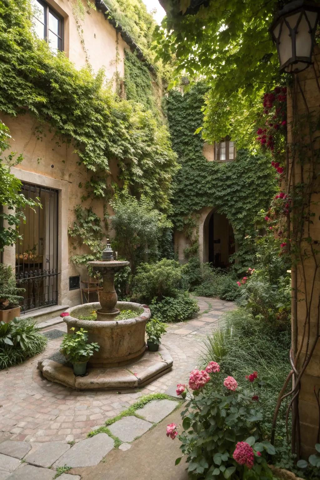 A hidden courtyard fountain providing a private oasis.