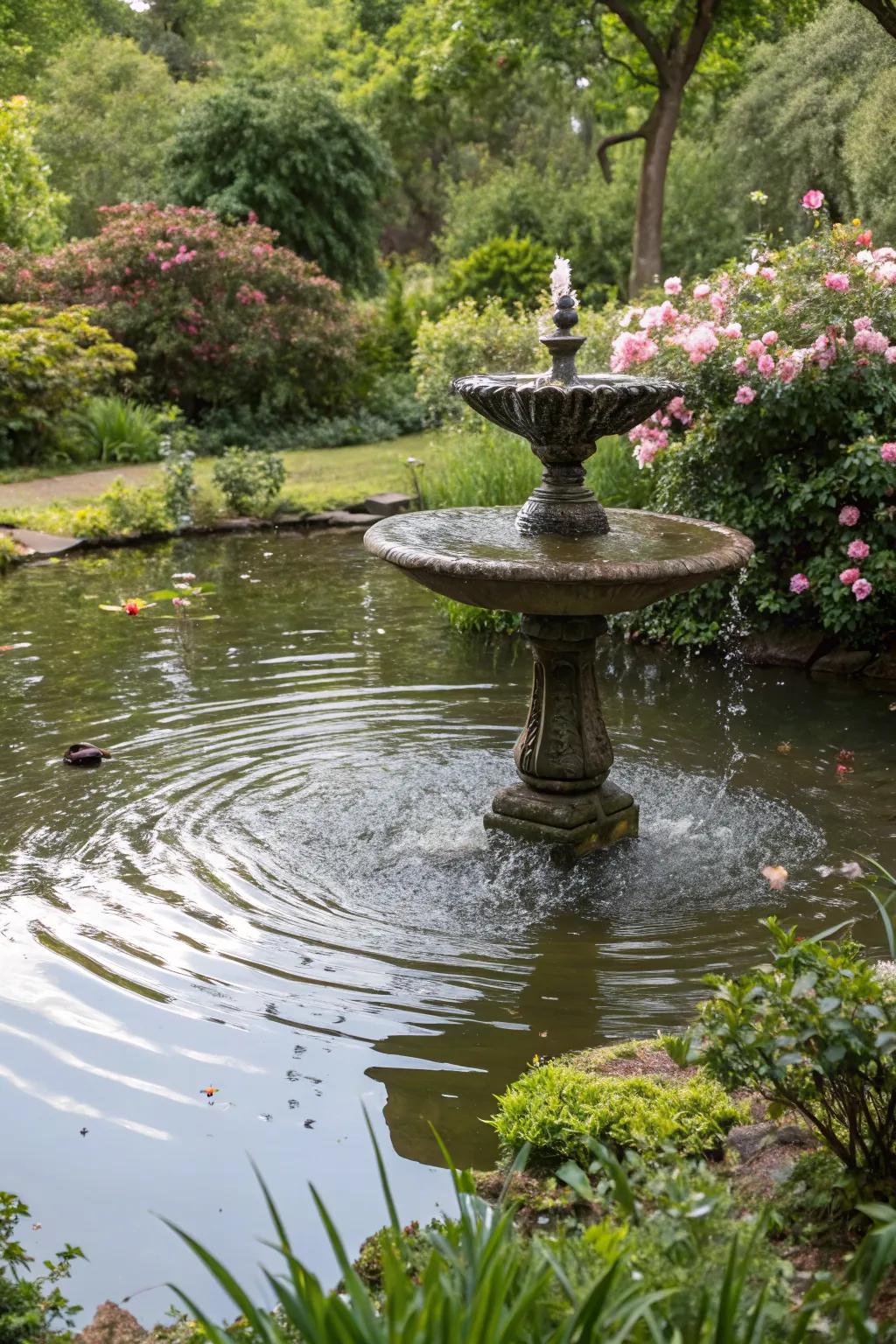 Floating fountain in a tranquil garden pond.