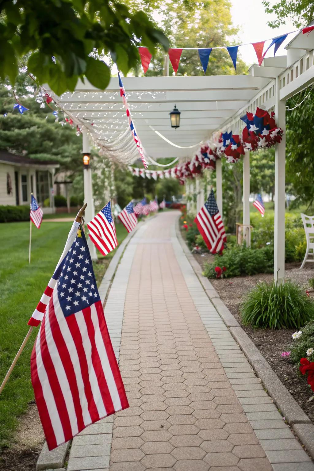 Create a warm welcome with a flag-lined pathway.