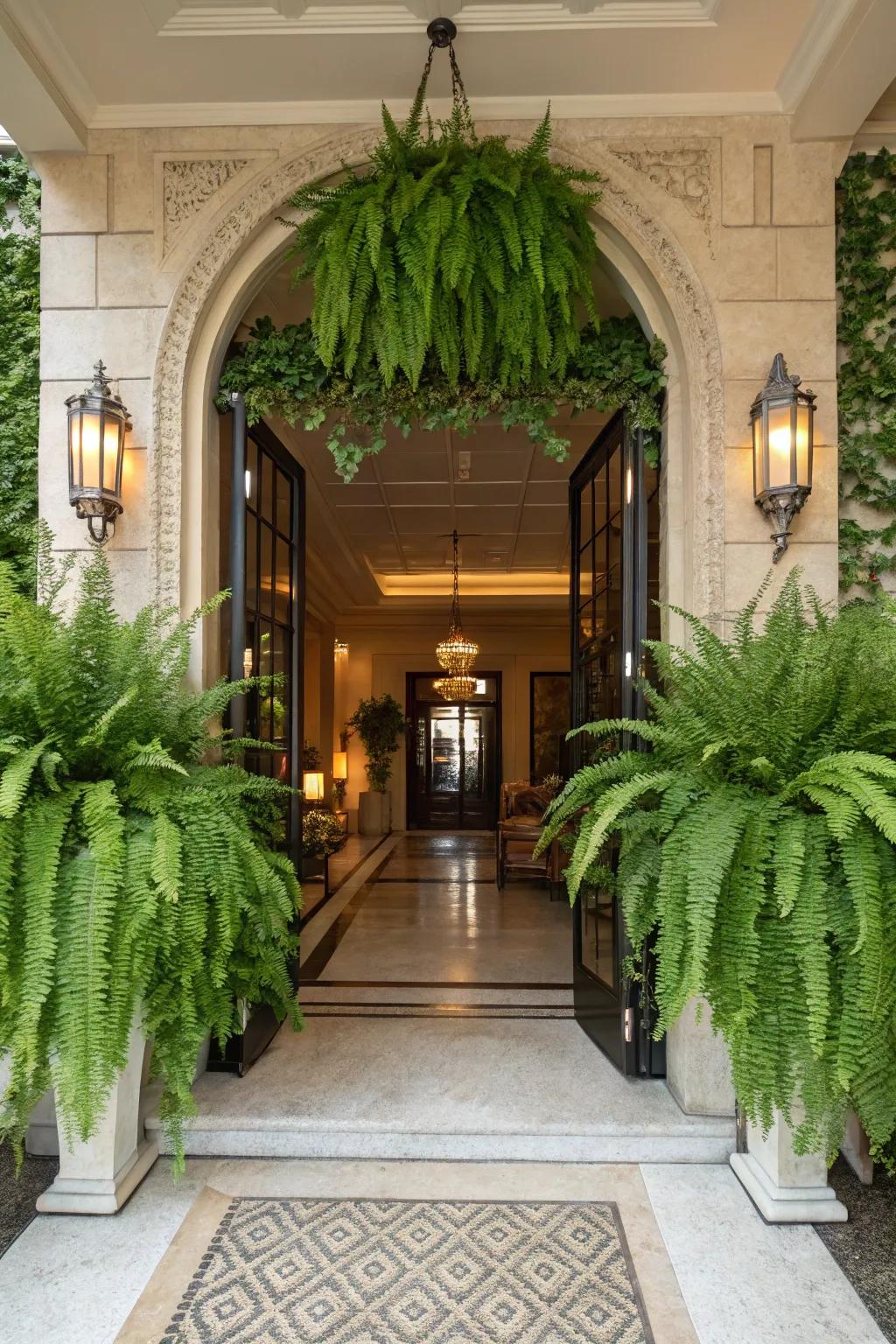 Frame entryways elegantly with foxtail ferns.