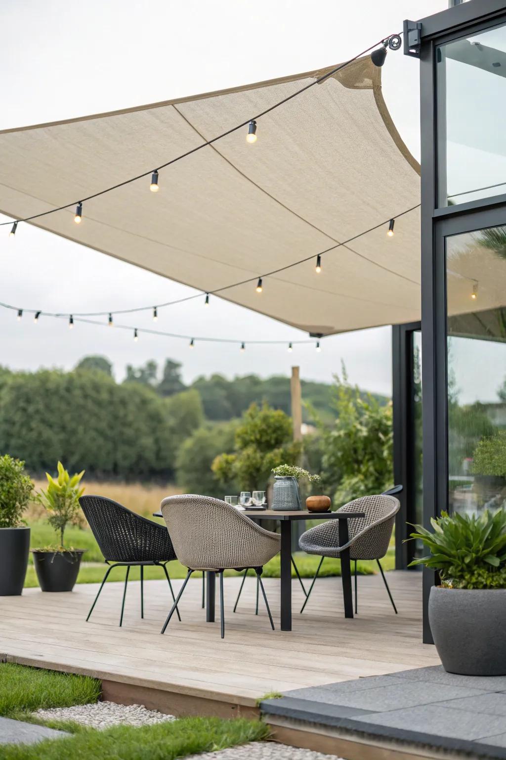 A modern shade sail providing stylish shelter.