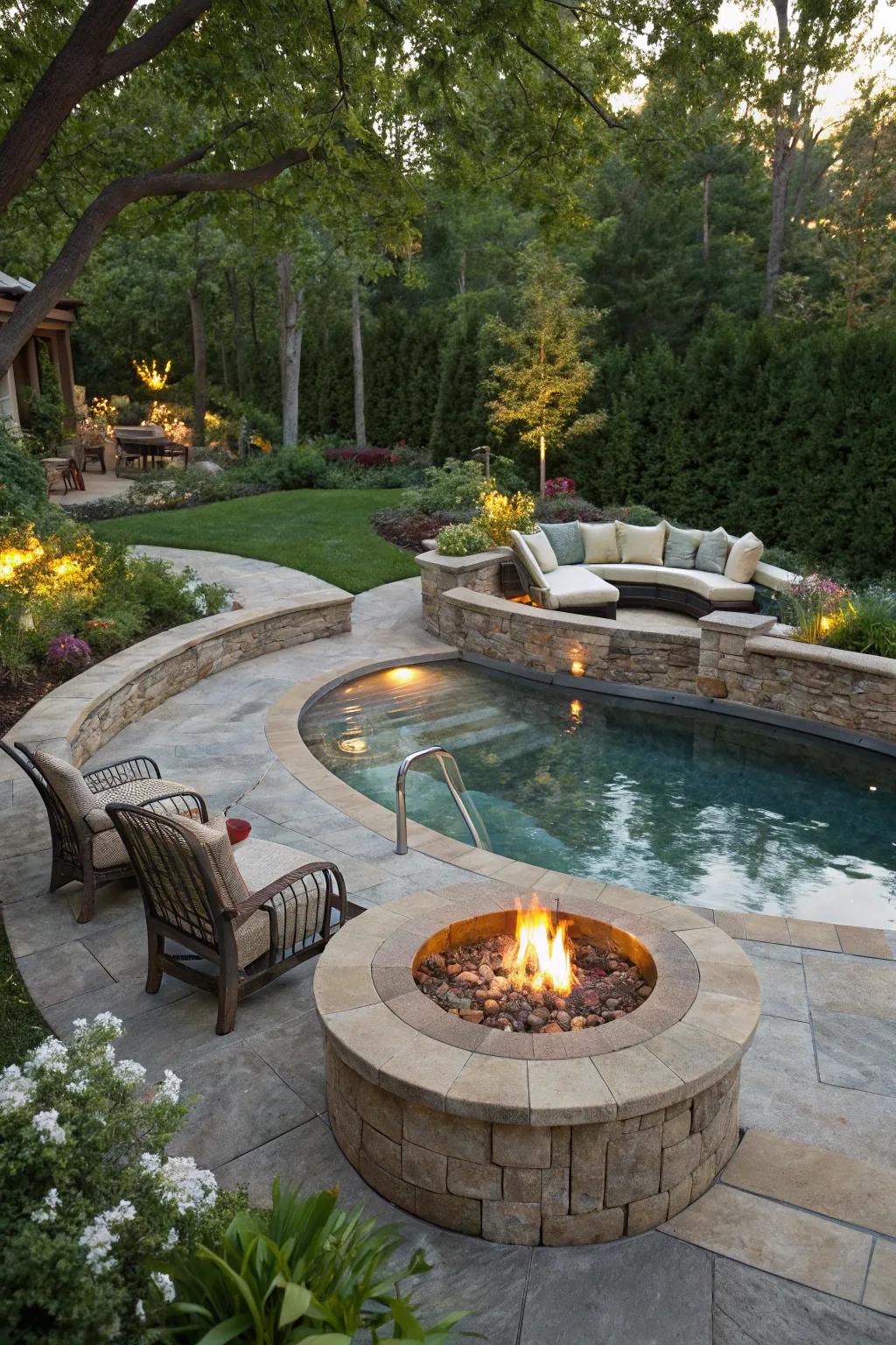 Fire features add warmth and drama to this freeform pool setting.