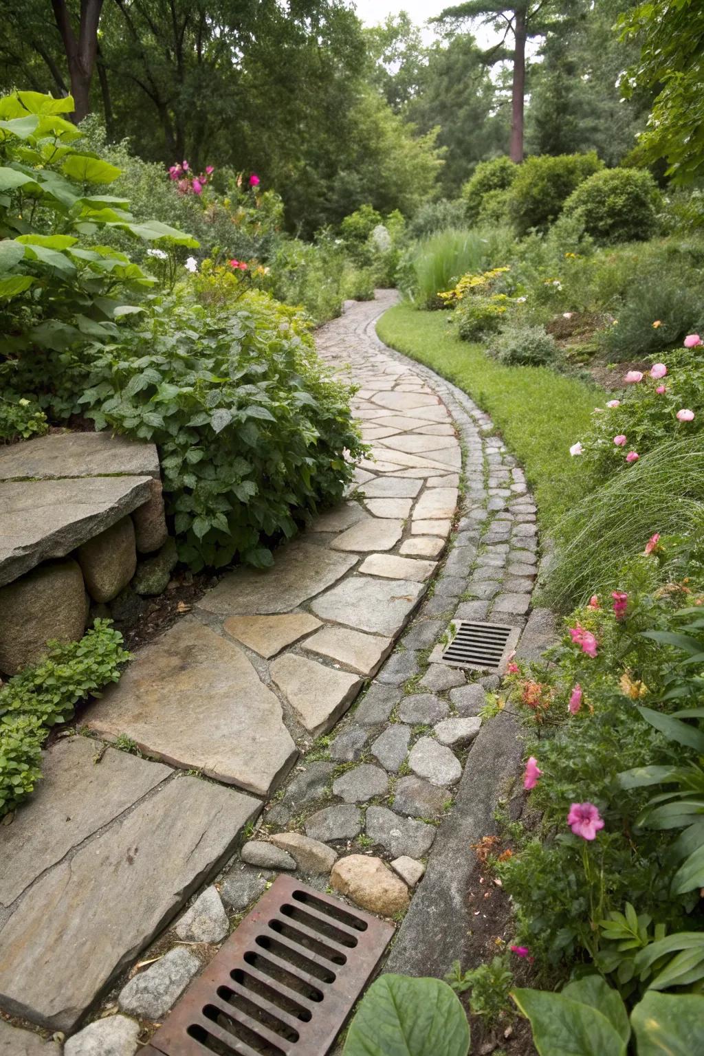 A natural stone pathway with a French drain.