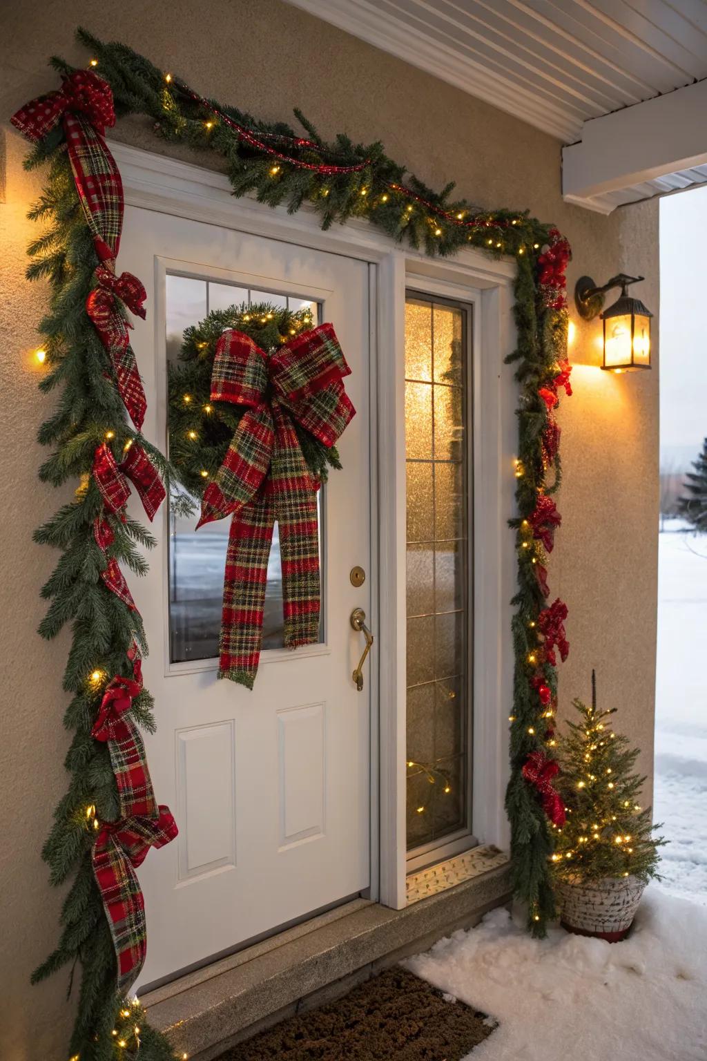 A garland with plaid ribbons adding a cozy, homely vibe to your entrance.