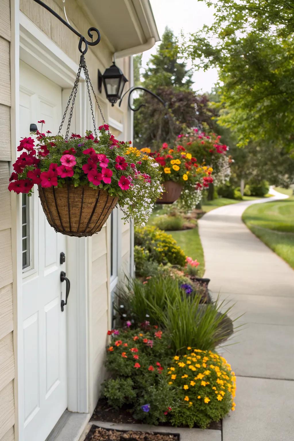 Lush vertical interest with hanging baskets