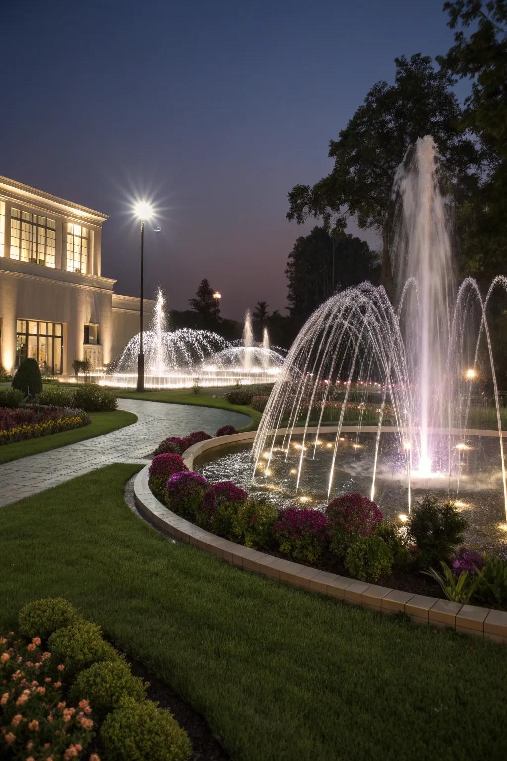 Musical fountains entertain with synchronized water and sound.