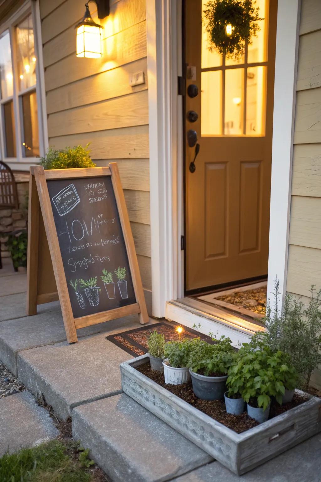 An interactive front door landing with a chalkboard and garden kit.